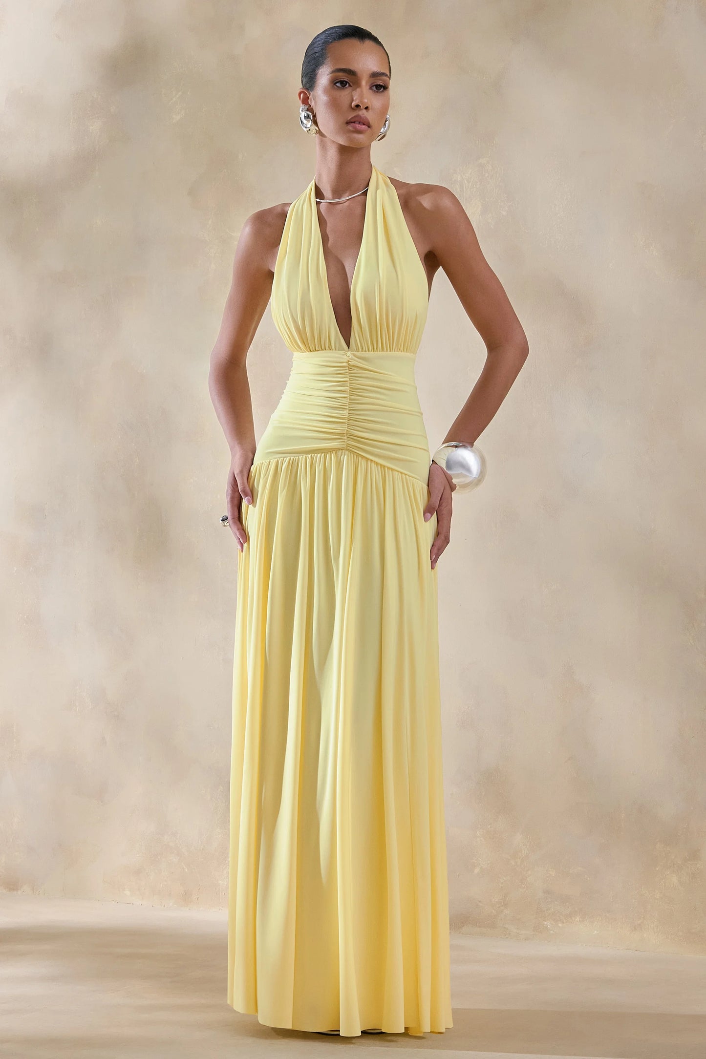 Bettina Lemon Plunge-Neck Maxi Dress With Gathered-Detailing
