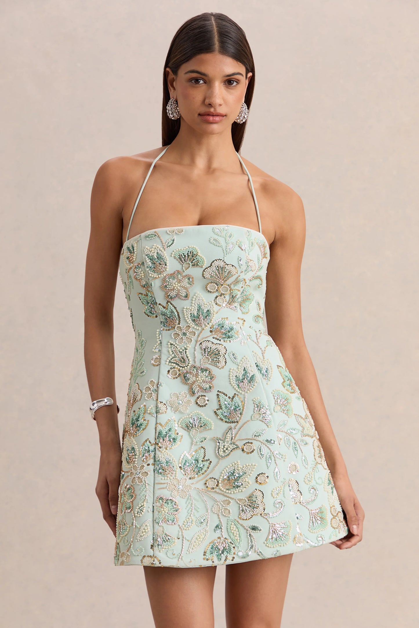 Brianna Mint Floral Embellished Square-Neck Mini Dress