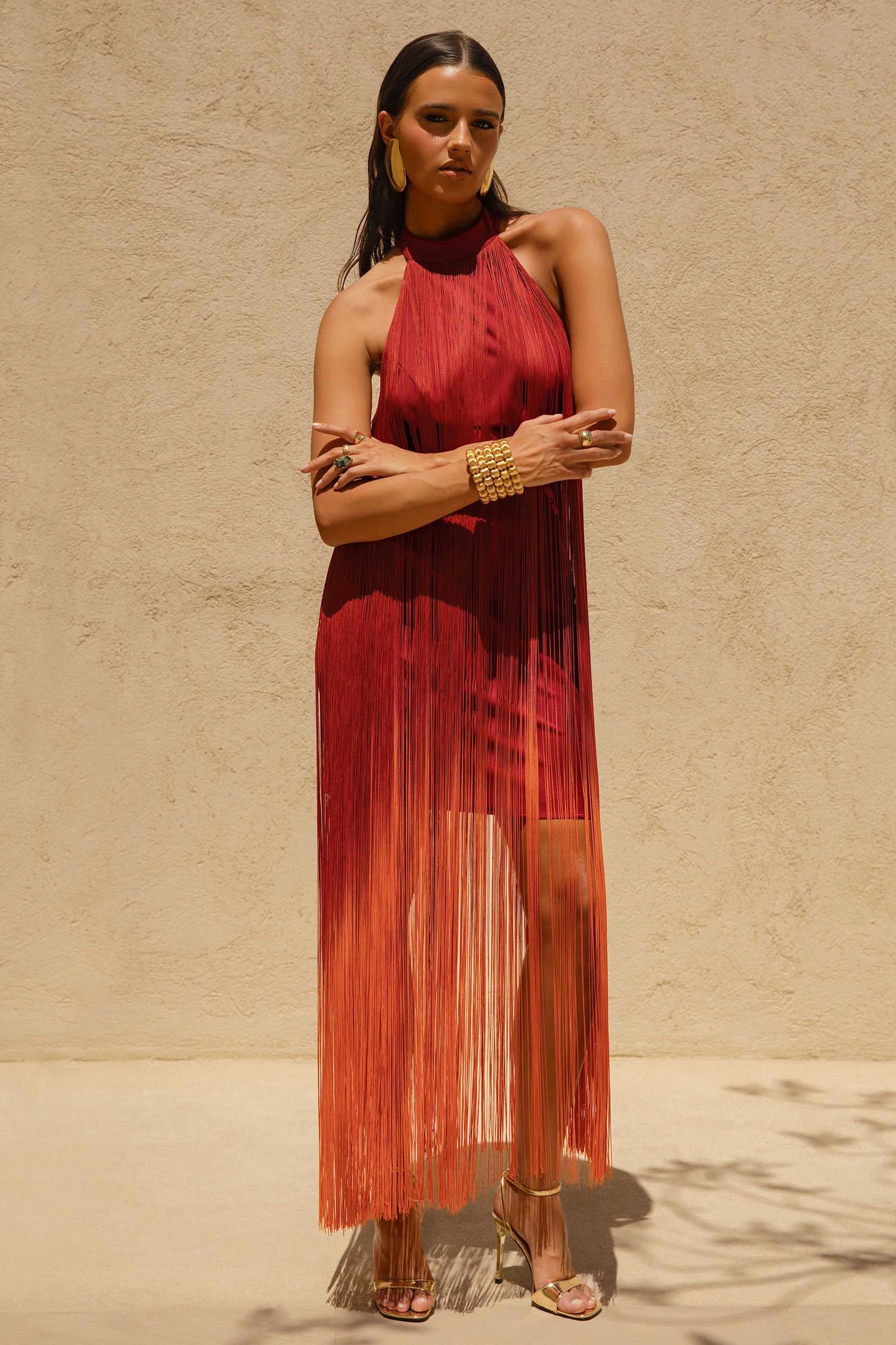 Alessia Orange Ombre Fringe High-Neck Maxi Dress