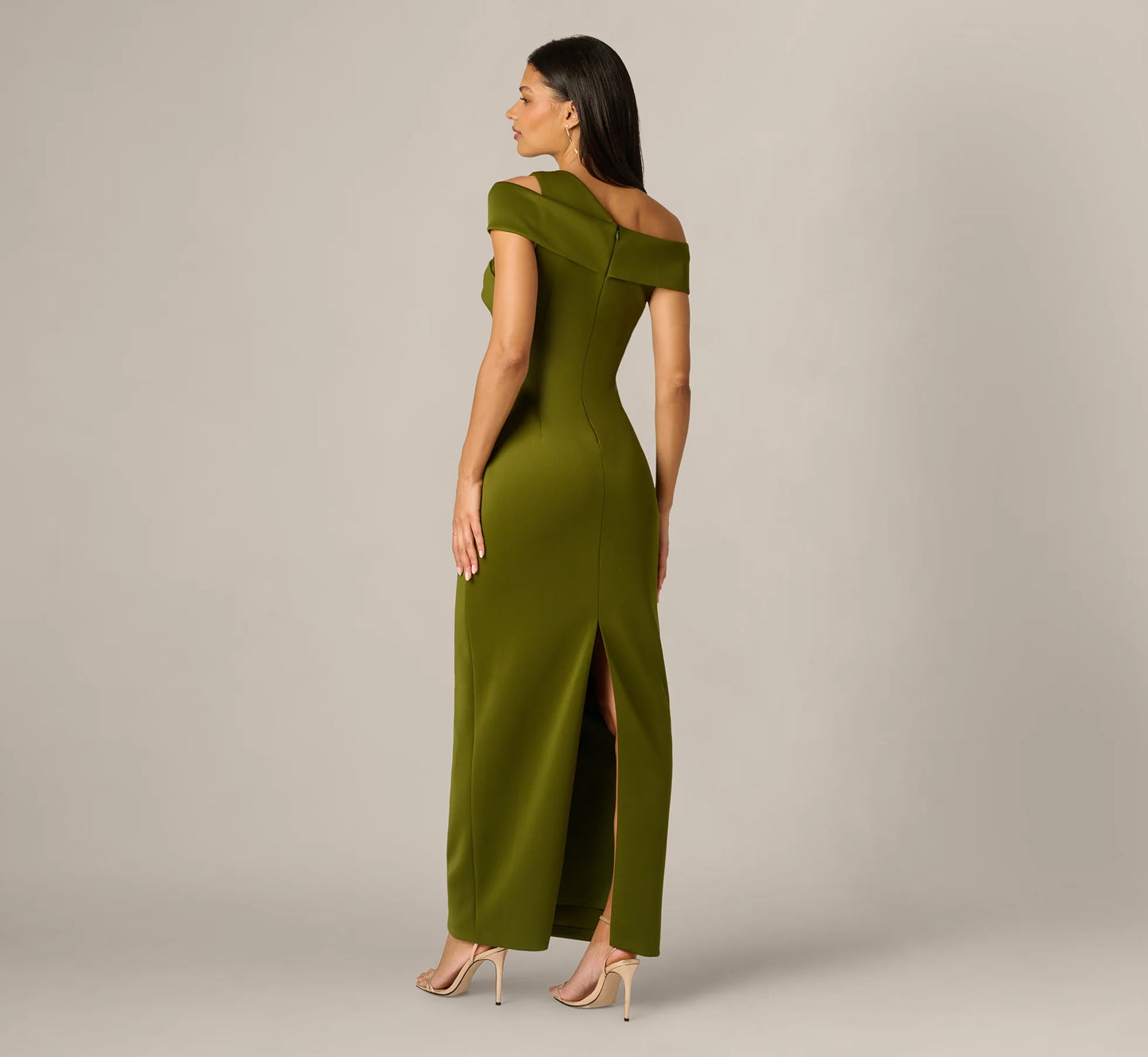 Asymmetrical Draped Column Gown In Jungle Olive