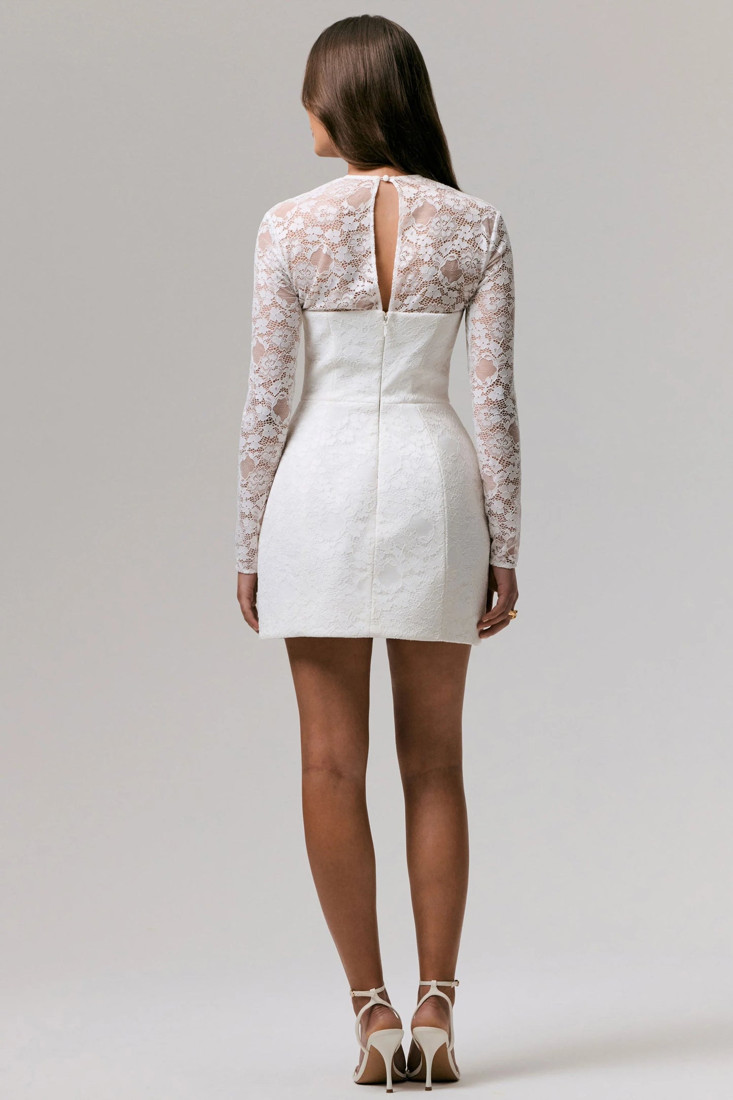Bijou White Square-Neck Lace Long-Sleeve Mini Dress