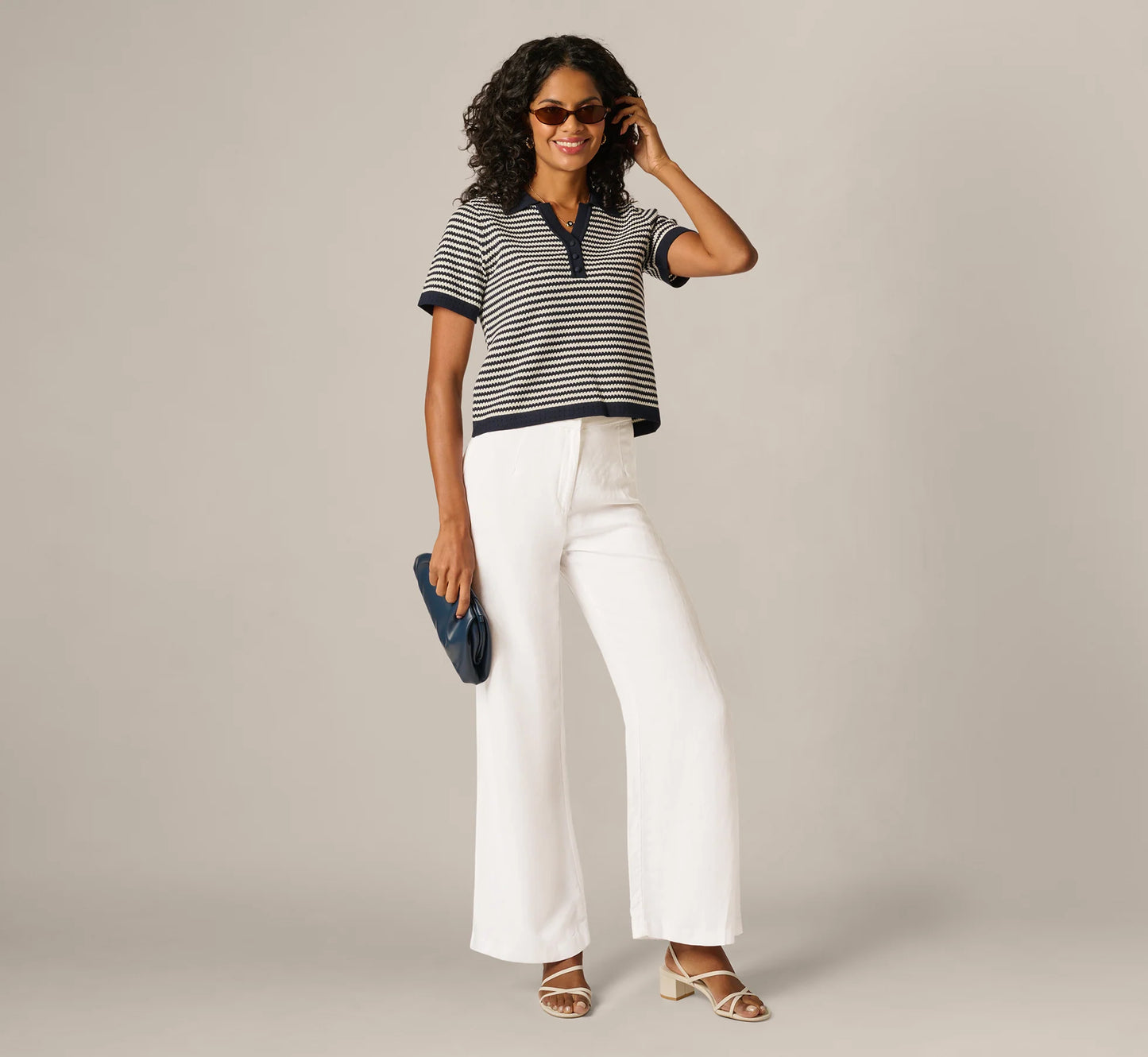 Short Sleeve Polo Collar Sweater In Blue Moon Ivory