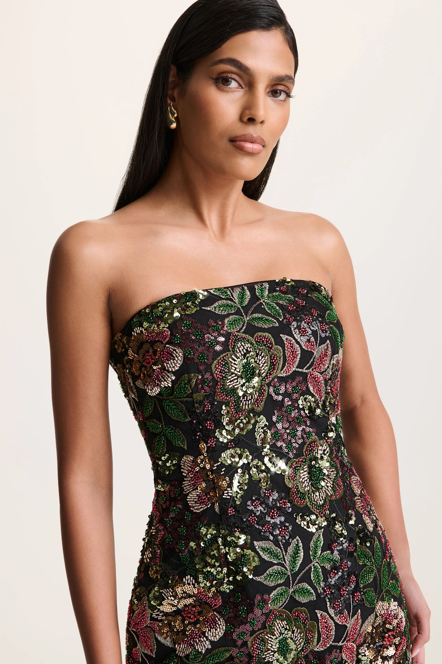 Cora Winter Floral Embellished Mesh Bandeau Maxi Dress With Scarf