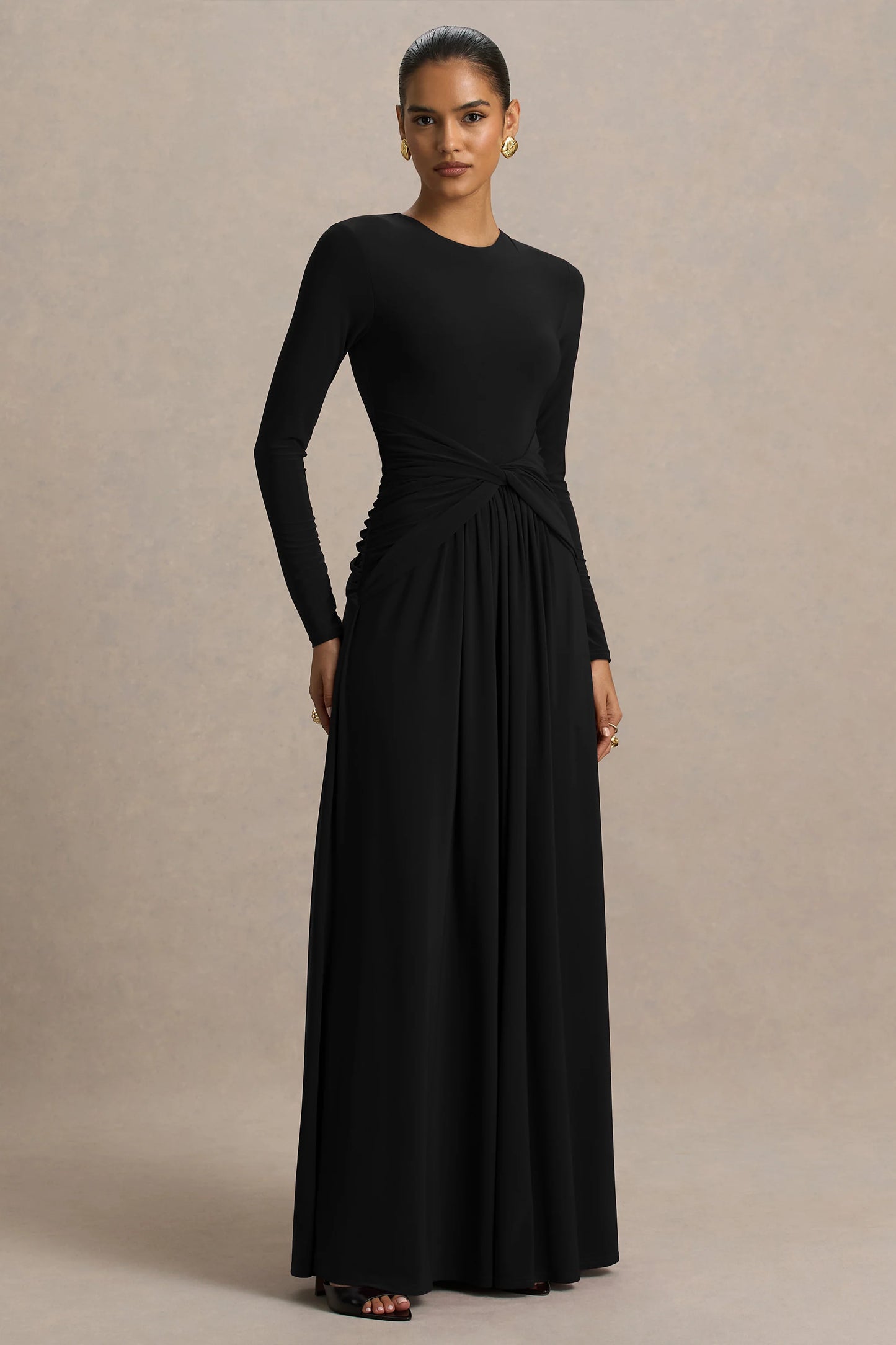 Estrella Black High-Neck Maxi Dress With Ruched Detailing