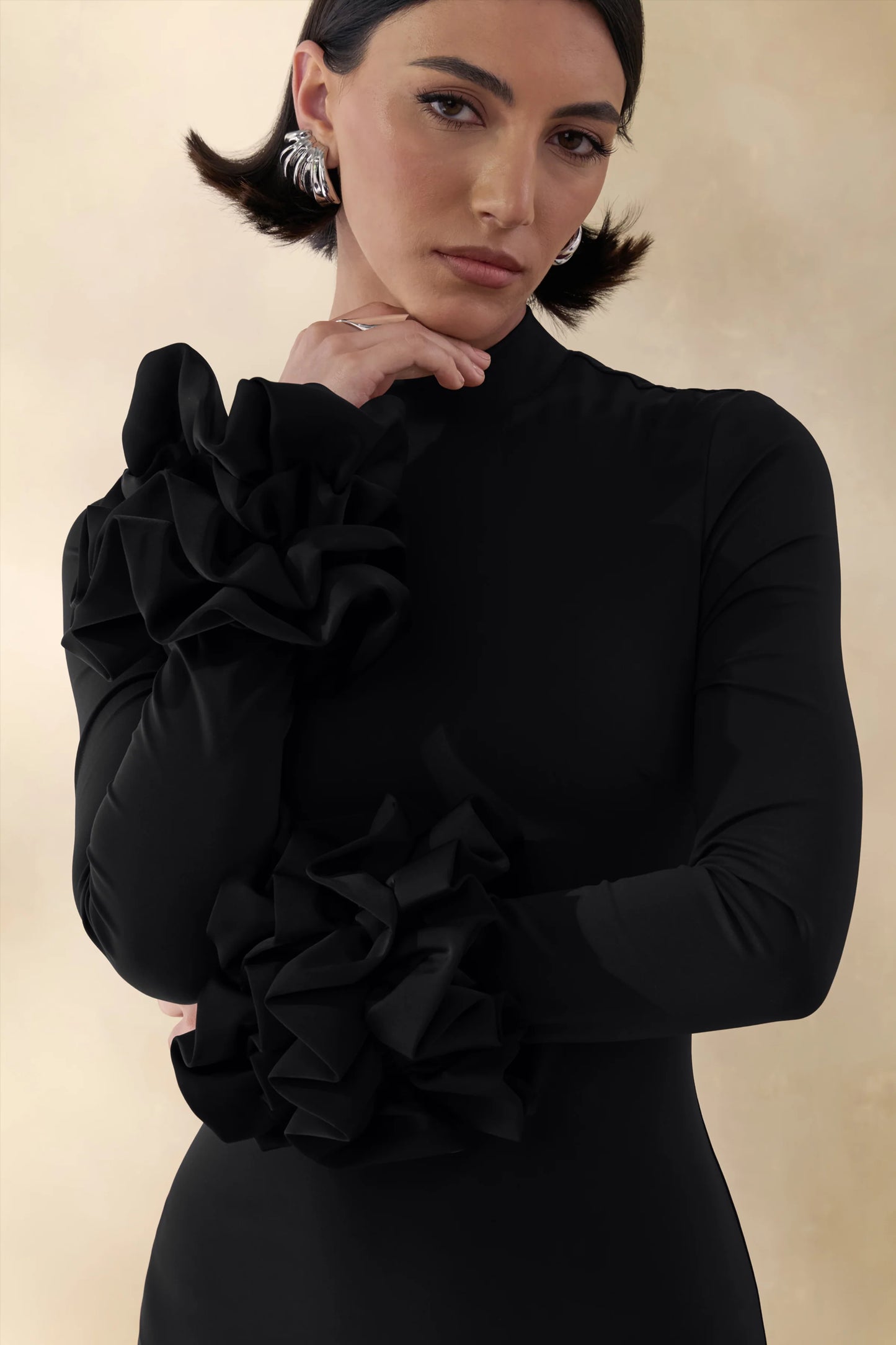 Jaselle Black High-Neck Maxi Dress With Ruffled Satin-Cuffs