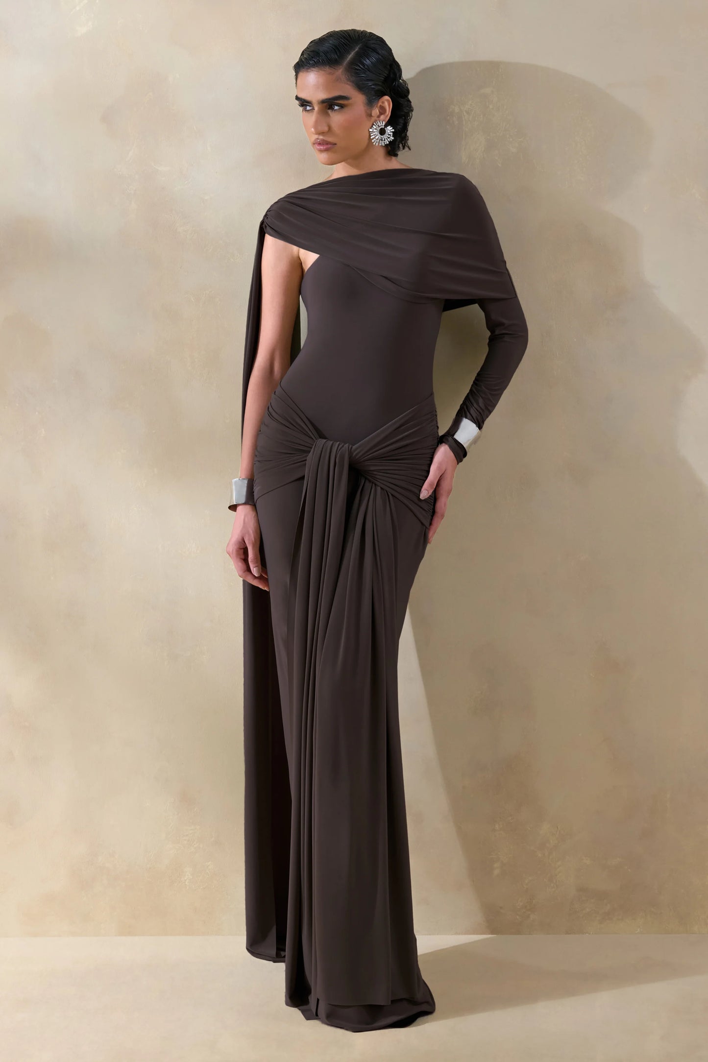 Trisara Brown Asymmetric-Neck Maxi Dress With Gathered-Detailing And Sash
