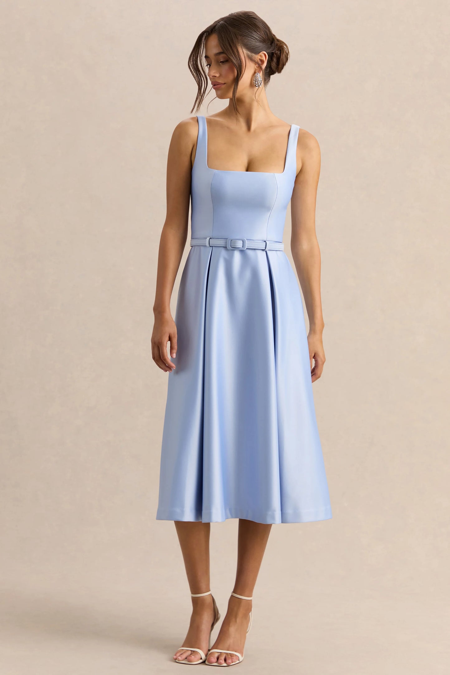 Crystaline Powder Blue Satin Square-Neck Midi Dress