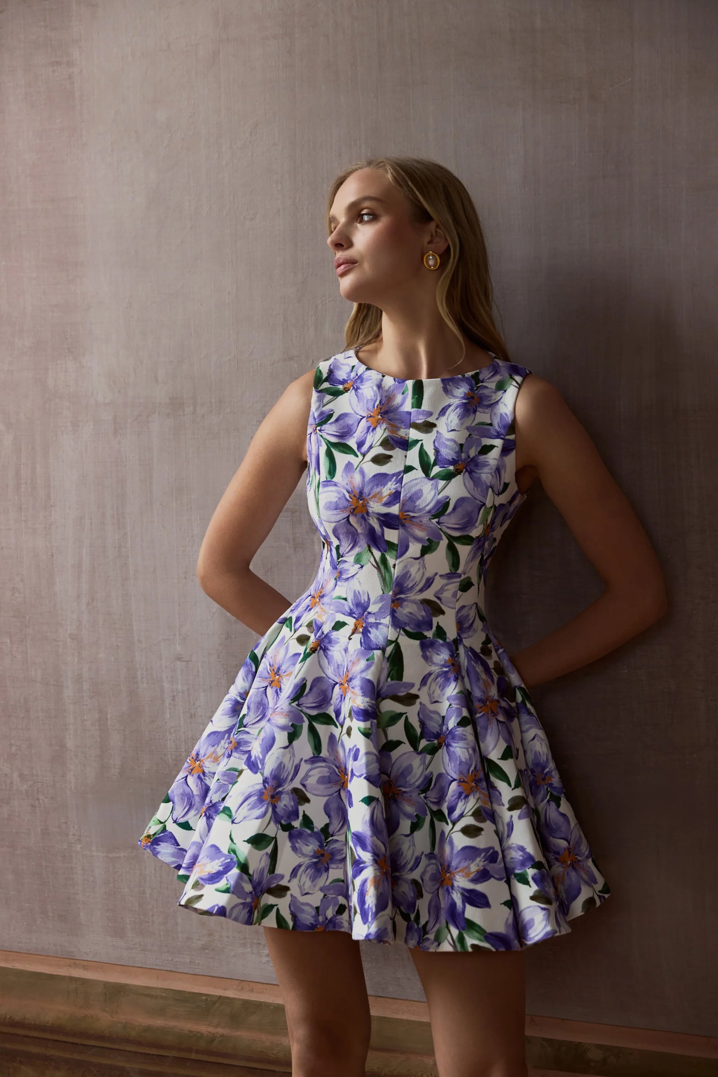 Gabrielle Purple Lily Print Boat-Neck Skater Mini Dress
