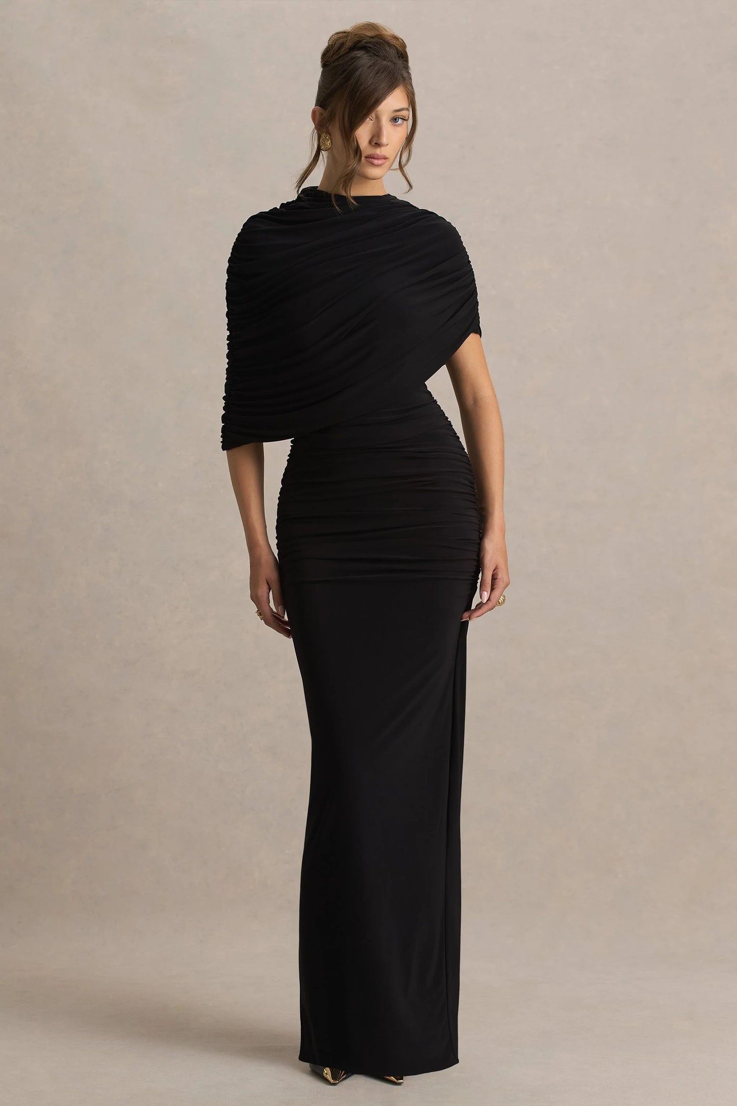 Glitz Black High-Neck Maxi Dress With Cape Sleeve and Ruched Detail