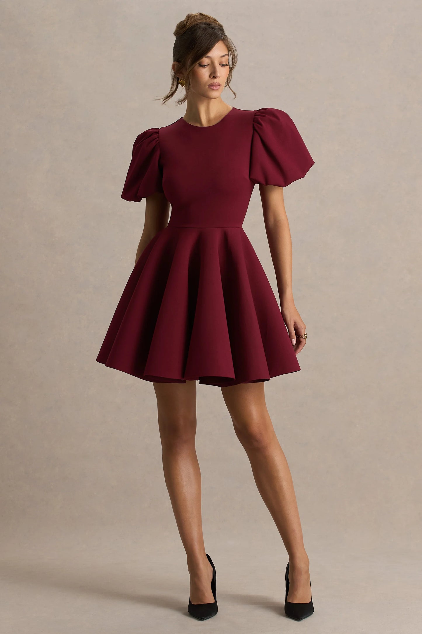 Emelia Burgundy Puff-Sleeve Skater Mini Dress