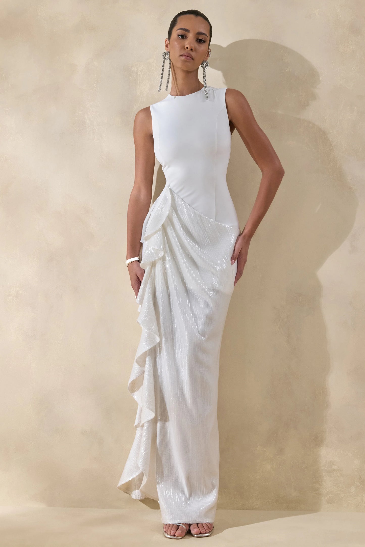 Ada White Crew-Neck Maxi Dress With Sheer Skirt And Ruffled Detailing