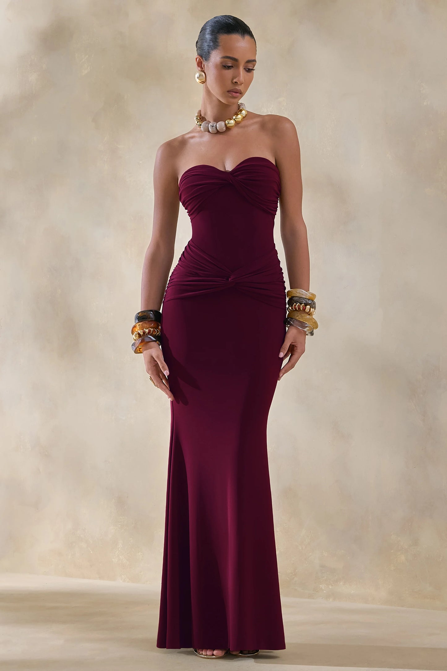 Elodia Burgundy Bandeau Maxi Dress With Gathered-Detailing