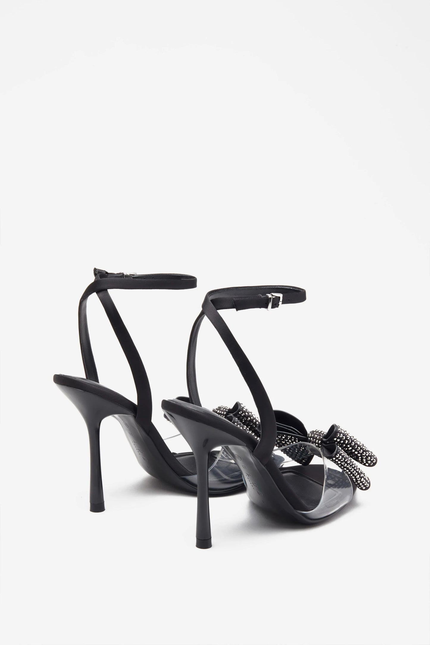 Bowing Black Satin Heeled Sandals With Diamante Bows