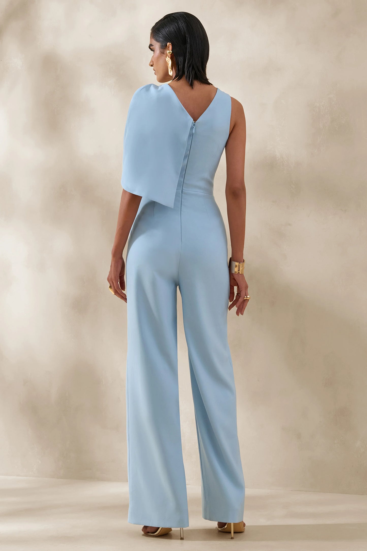 Quinley Powder Blue Asymmetric-Neck Jumpsuit With Cape-Sleeve