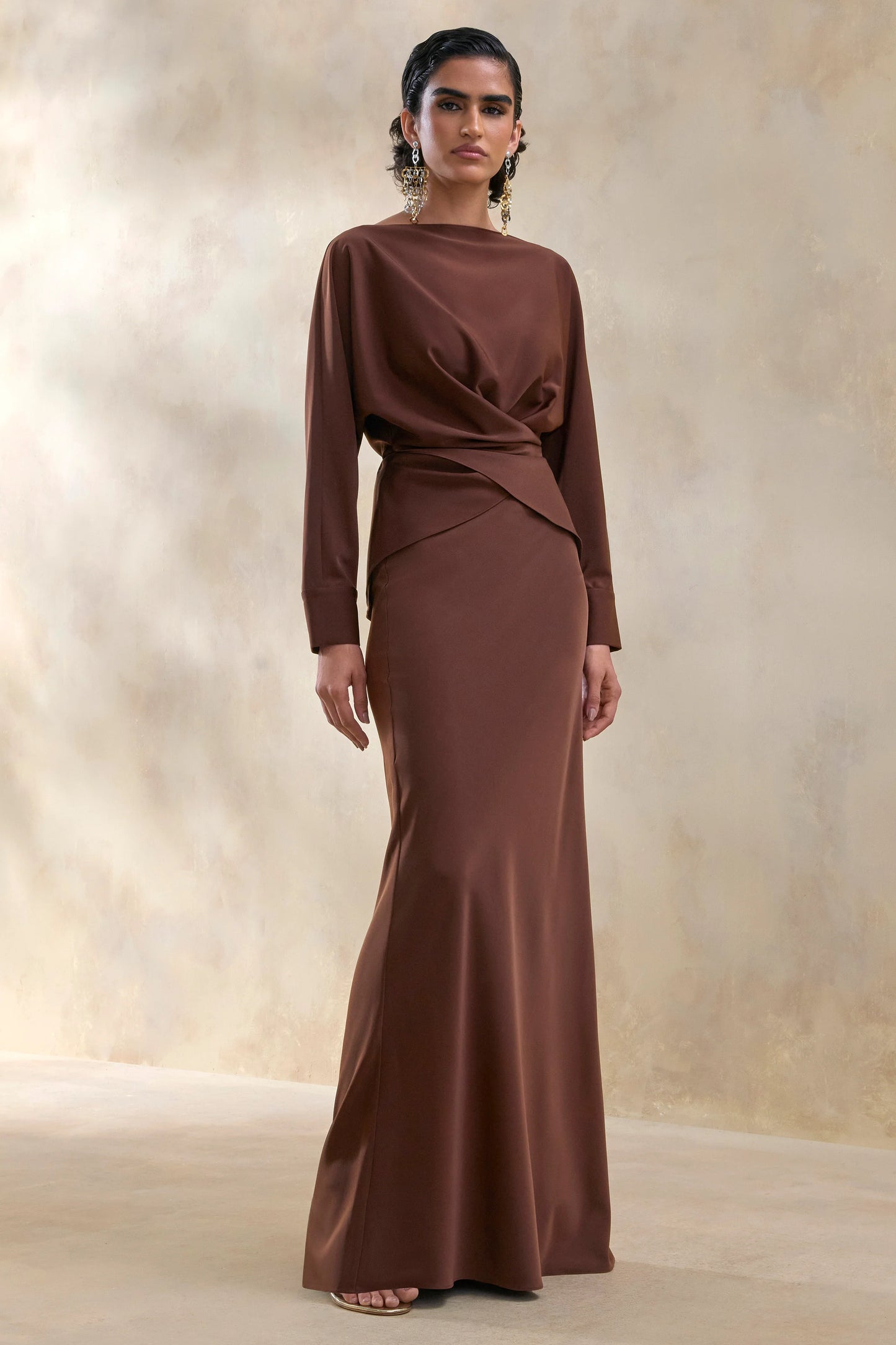 Elaria Brown Satin Maxi-Skirt