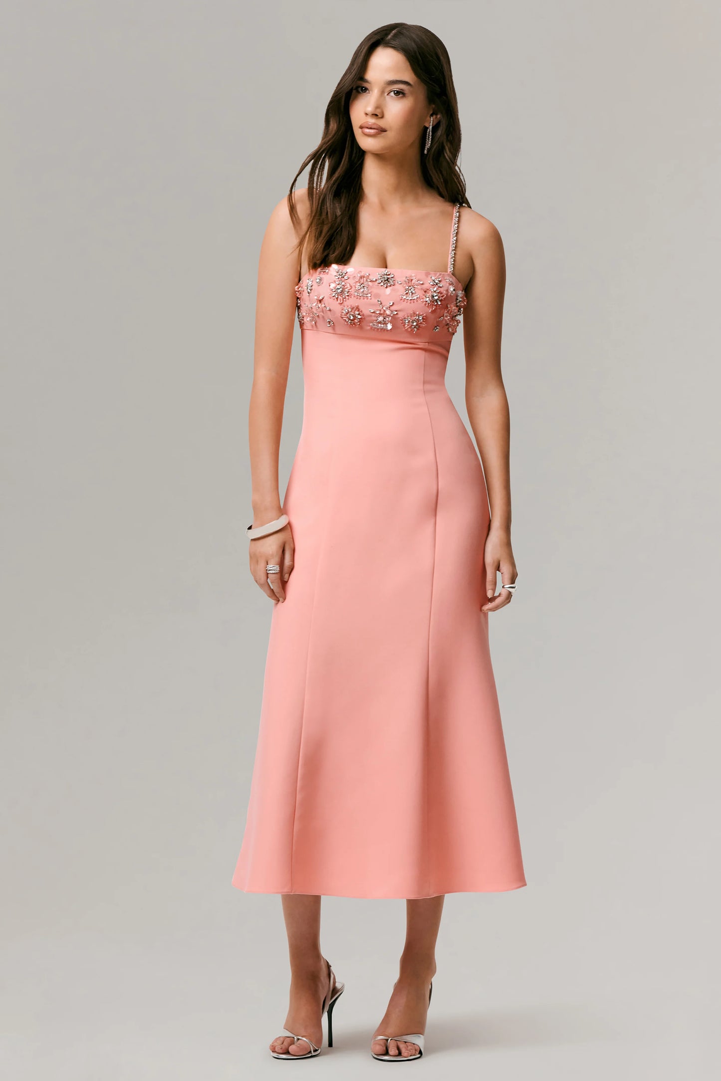 One To Remember Coral Square-Neck Embellished Midi Dress
