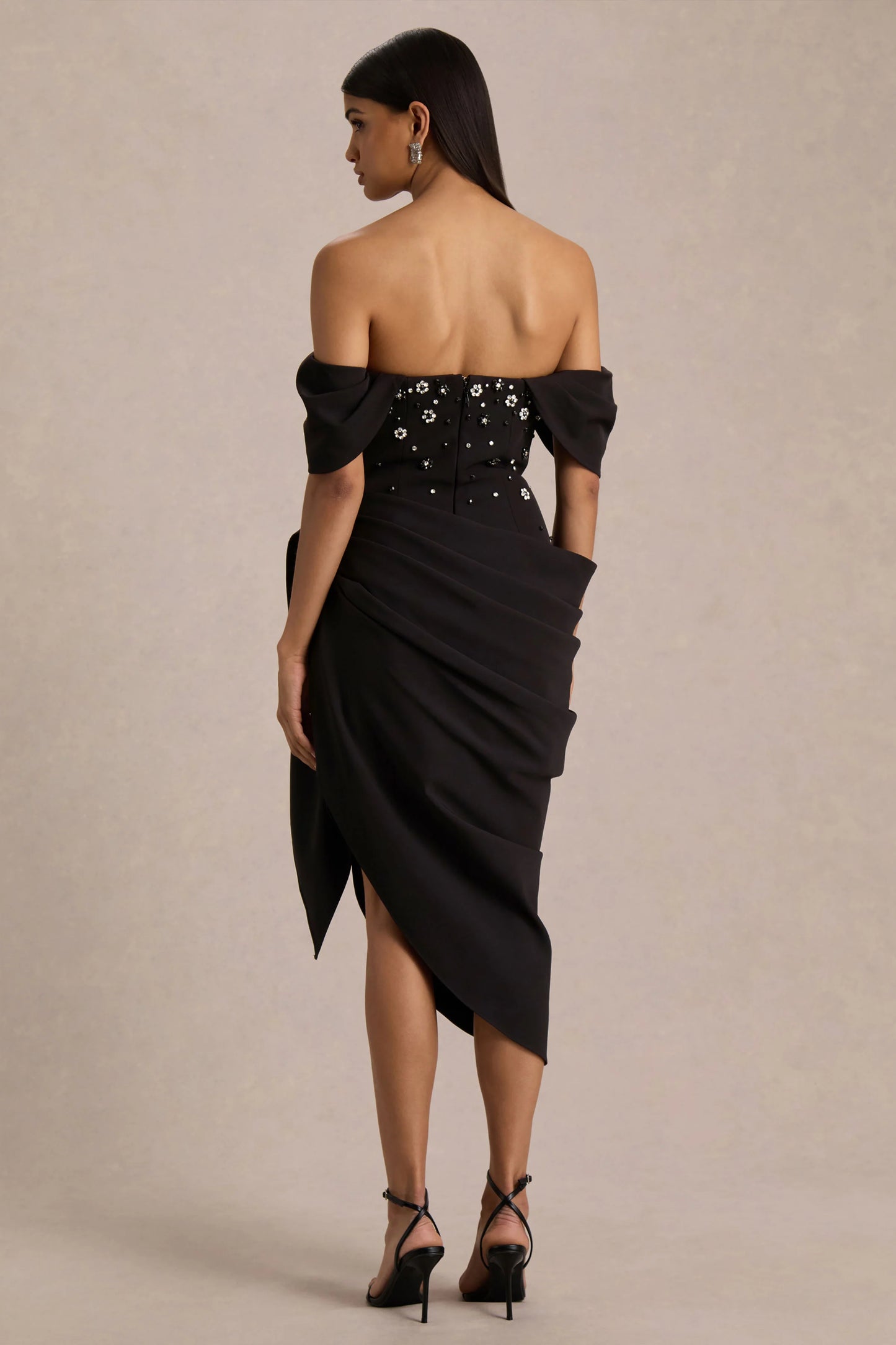 Sylvia Black Hand-Embellished Bardot-Neck Midi Dress With Draped Satin-Wrap Skirt