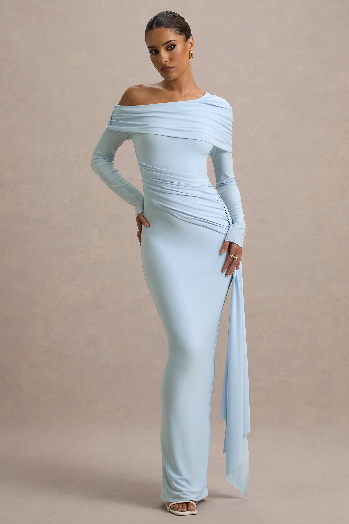 Valina Powder Blue Ruched Asymmetric Maxi Dress With Drape