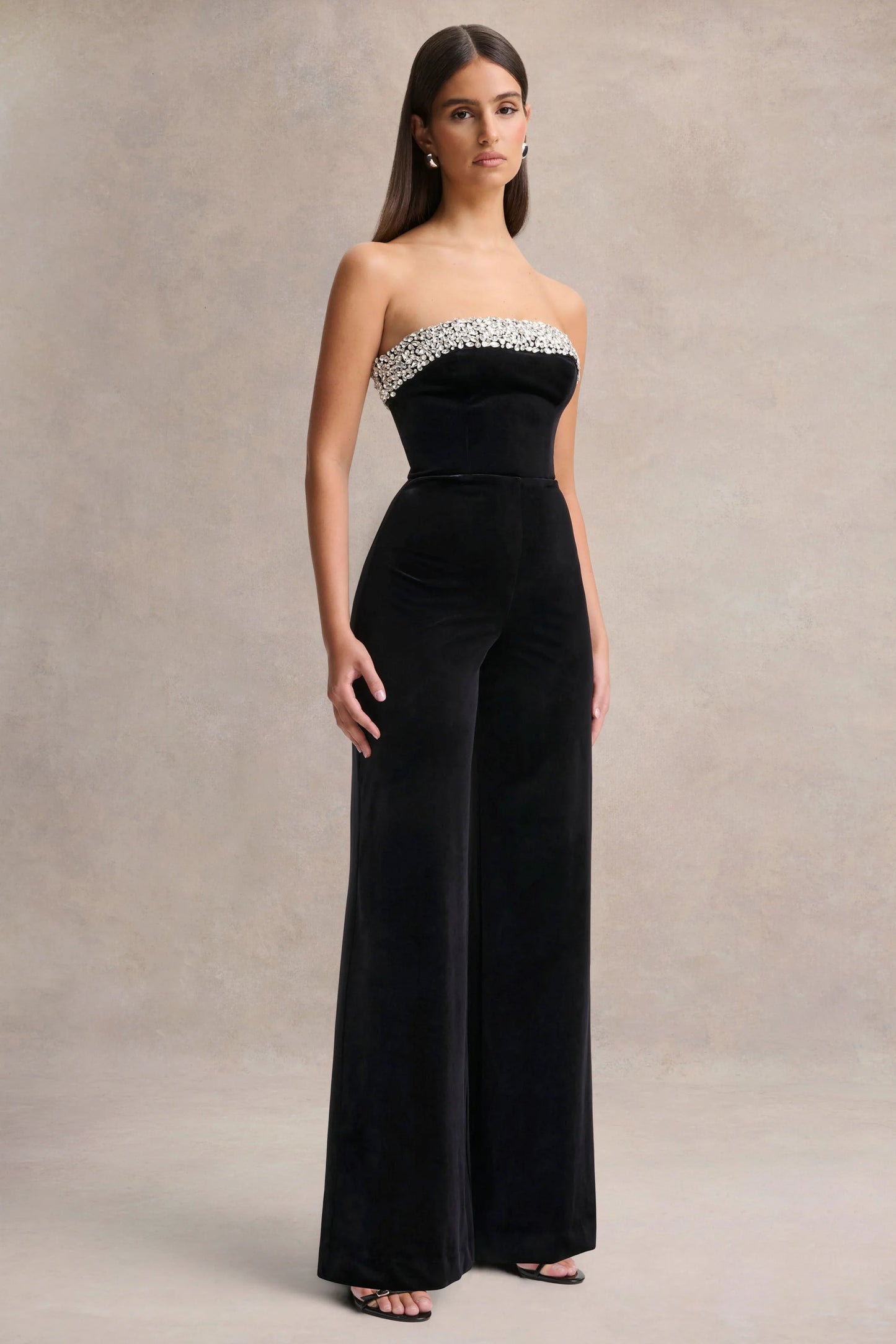 Emelie Black Velvet Hand-Embellished Bandeau Jumpsuit
