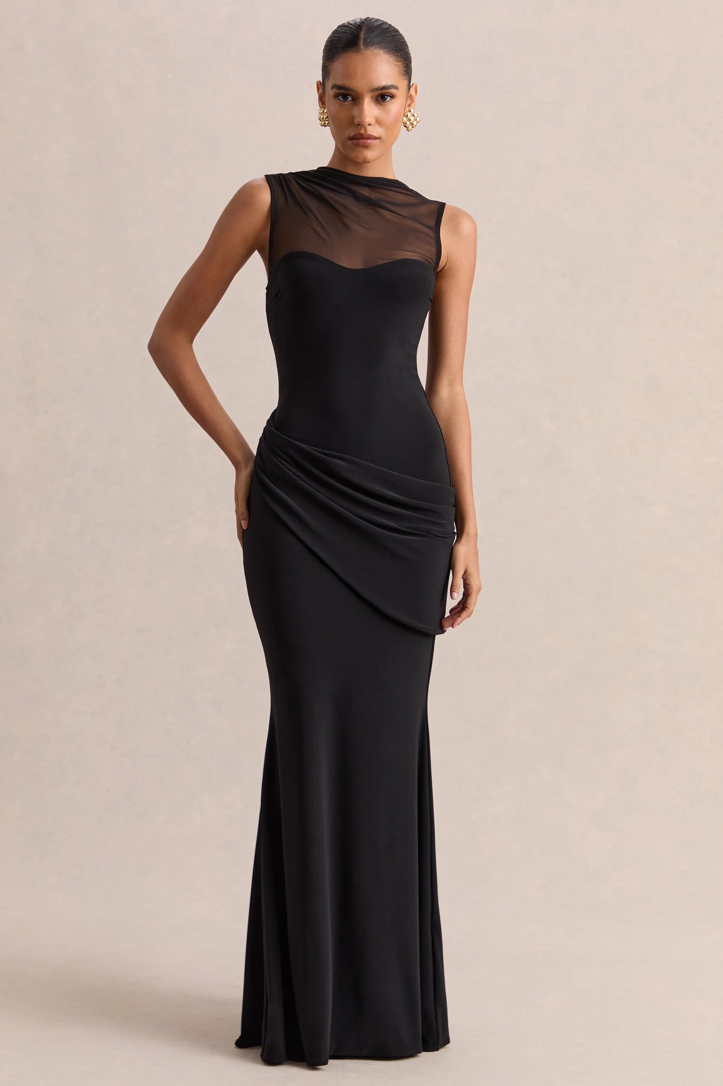 Lyssy Black High-Neck Maxi Dress With Mesh-Detail