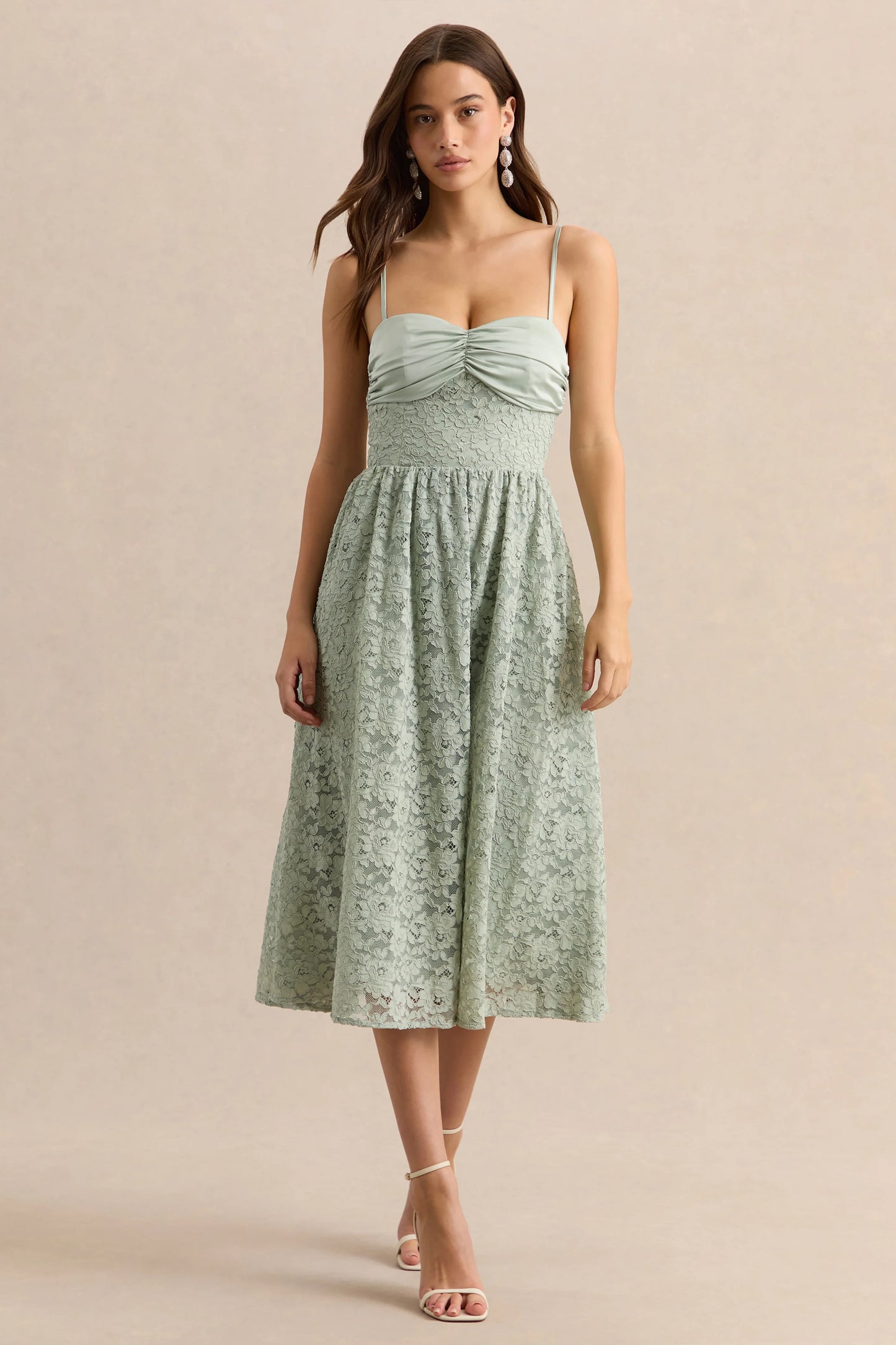 Gloriana Sage Lace Sweetheart-Neck Midi Dress