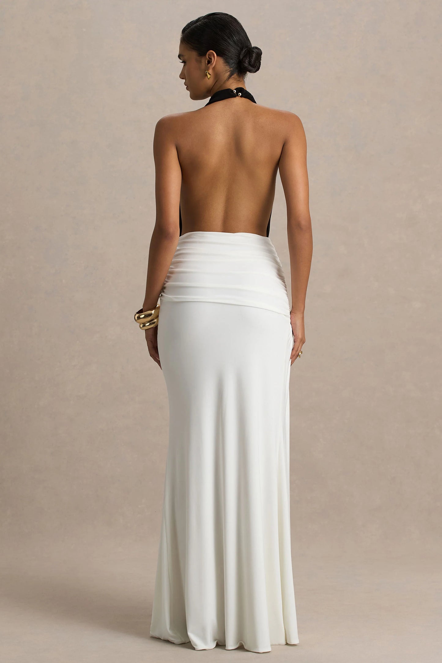 Tilly Black And White Extreme-Plunge Neck Maxi Dress With Wrap And Ruched Details