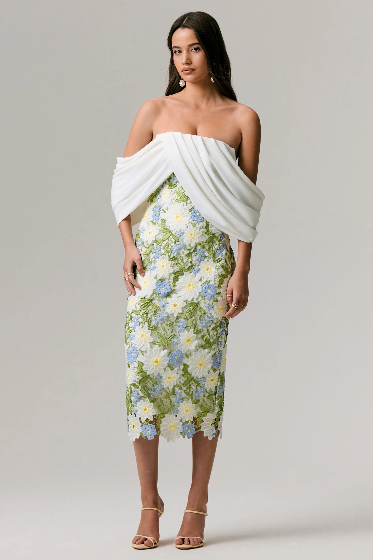 Entitled Cream Floral Lace Bardot Midi Dress