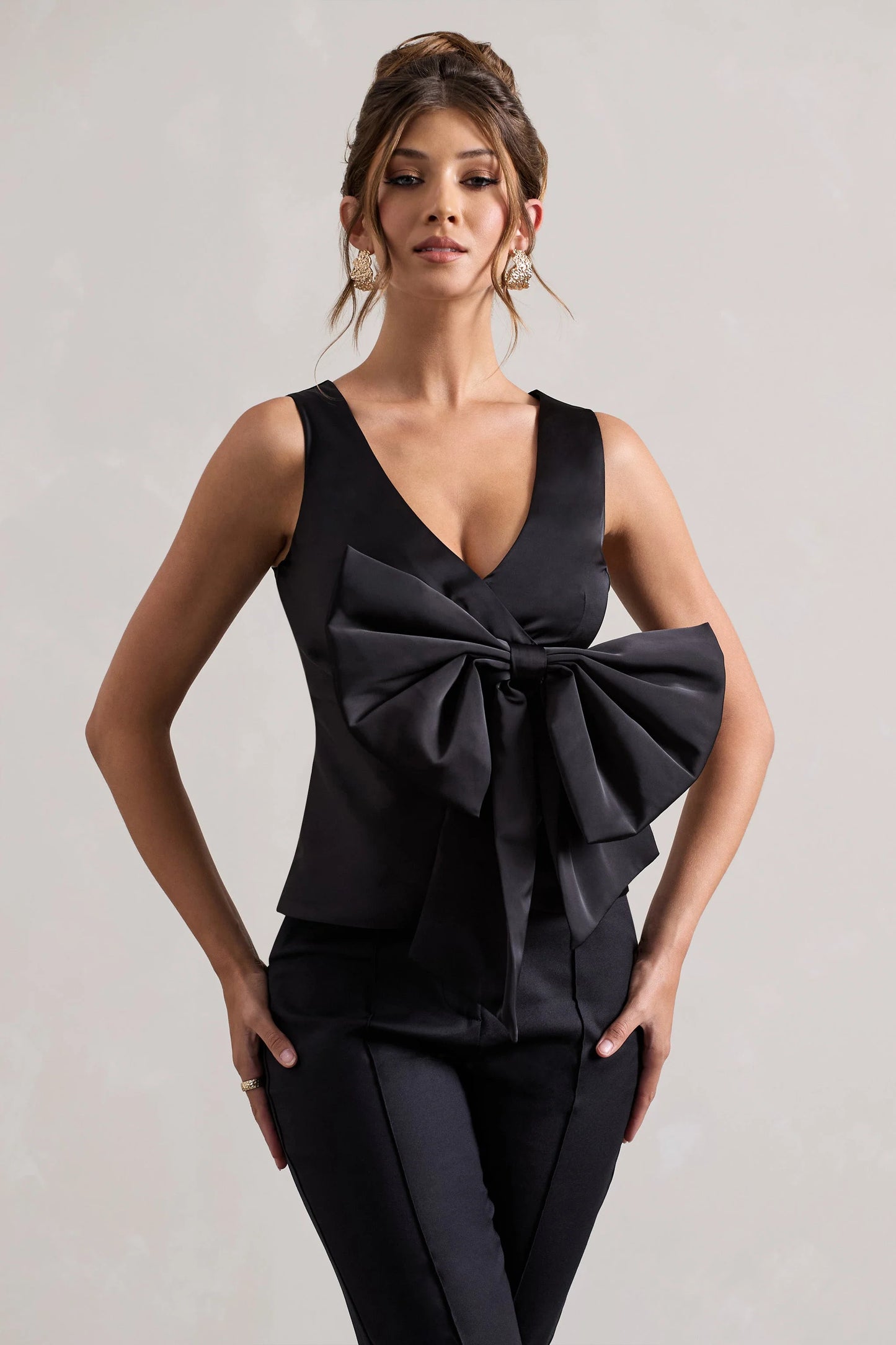 Adoration Black Satin Plunge-Neck Top With Bow