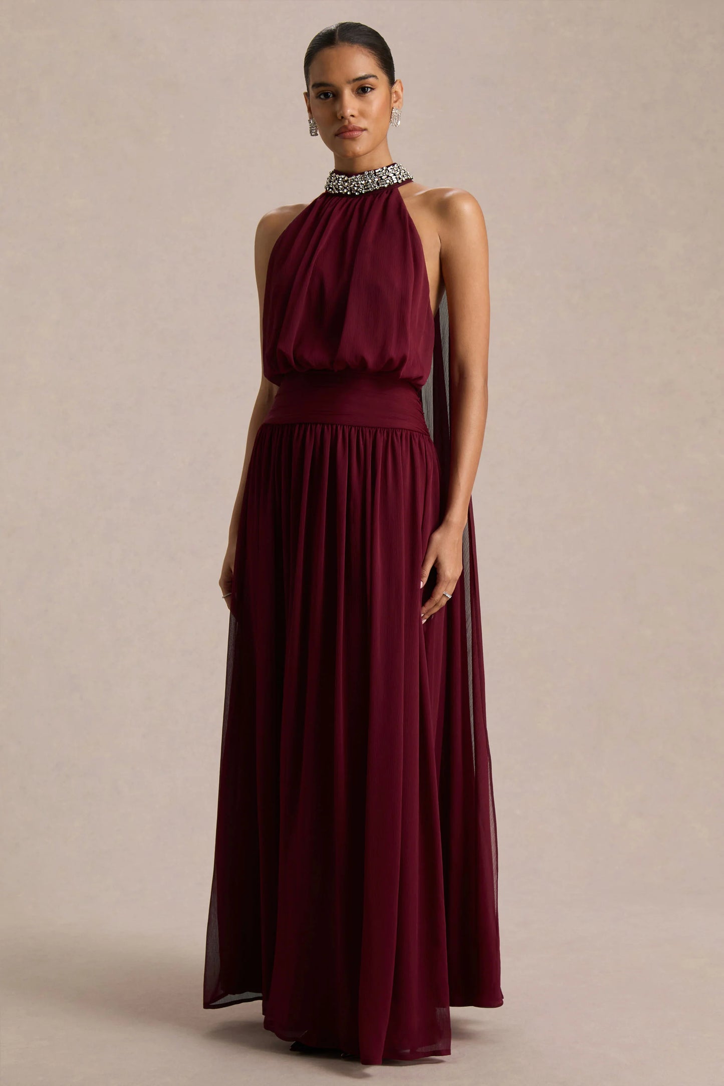 Marie Burgundy Halter-Neck Maxi Dress With Embellished Detailing