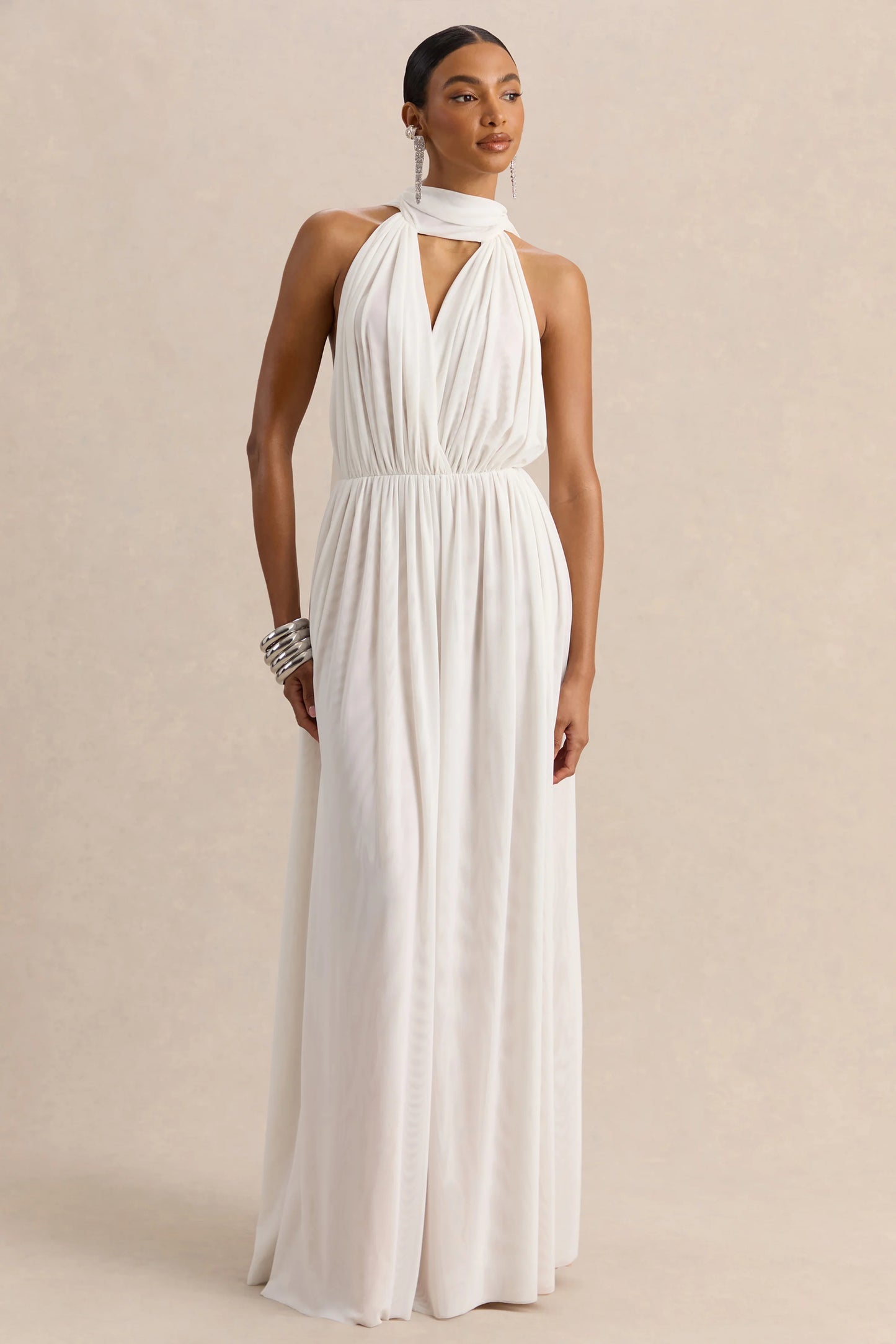Rylina White Mesh Halter-Neck Maxi Dress With Scarf And Open-Back