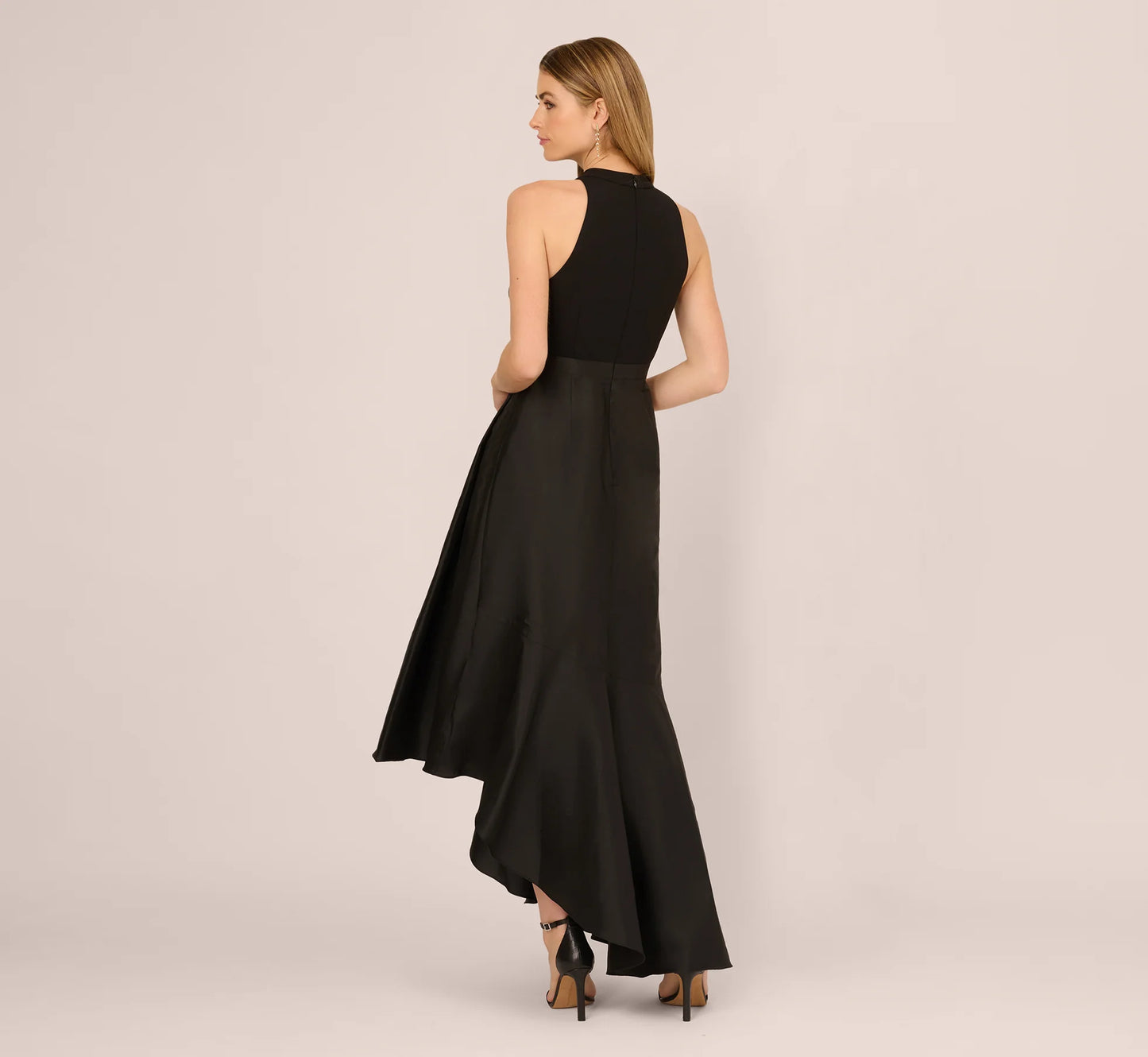 Sleeveless Asymmetrical Draped Taffeta Combo Gown In Black