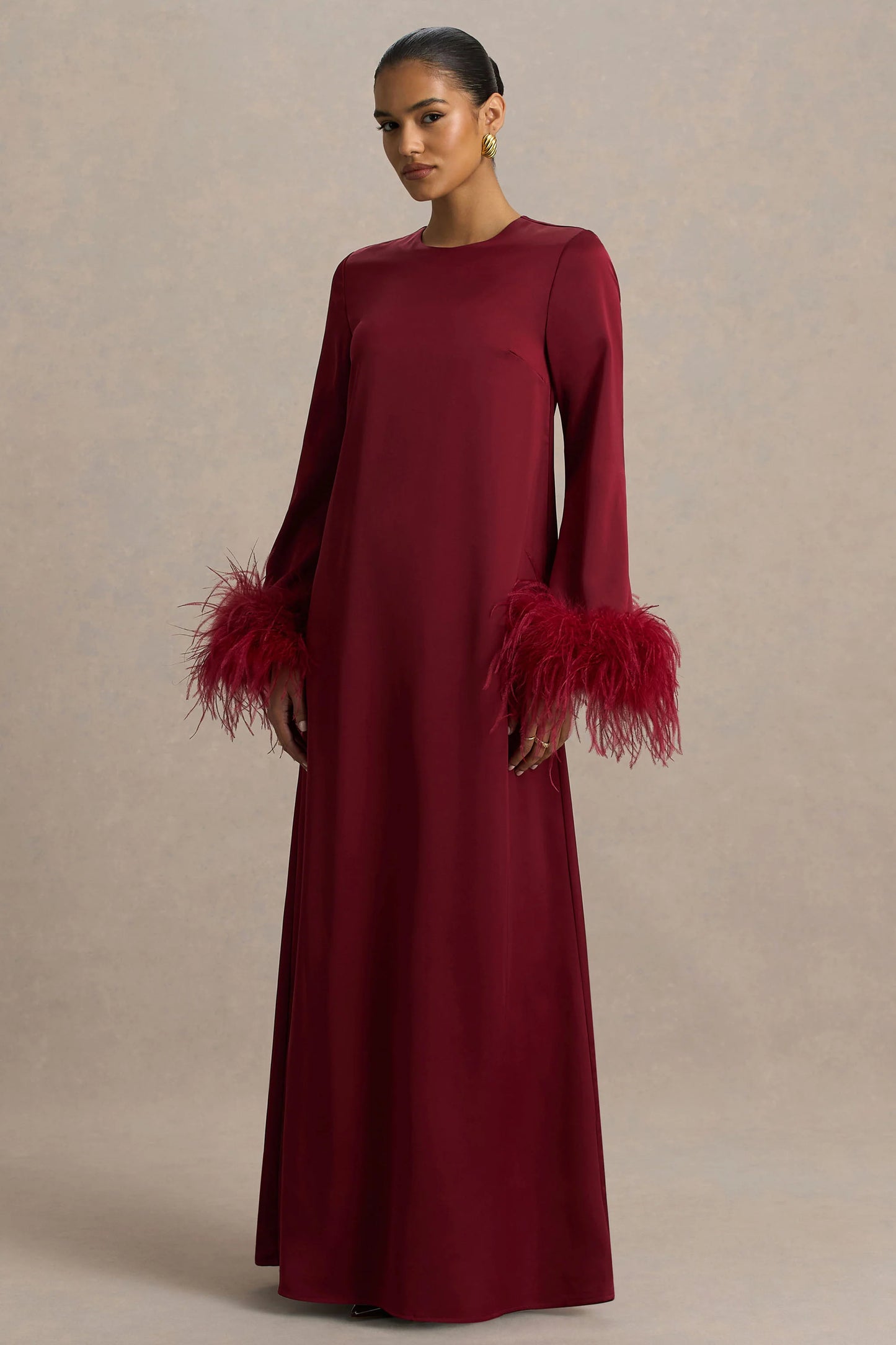 Adella Burgundy Satin Feather-Trim Maxi Dress