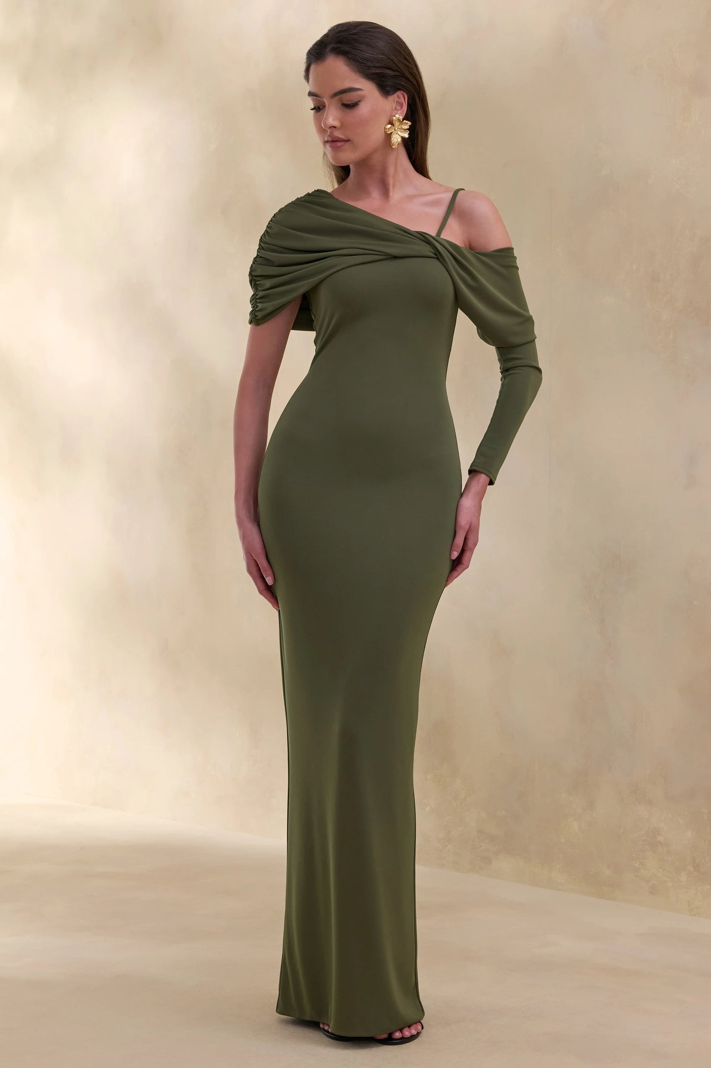 Silvaria Olive Twisted Asymmetric-Neck Maxi Dress