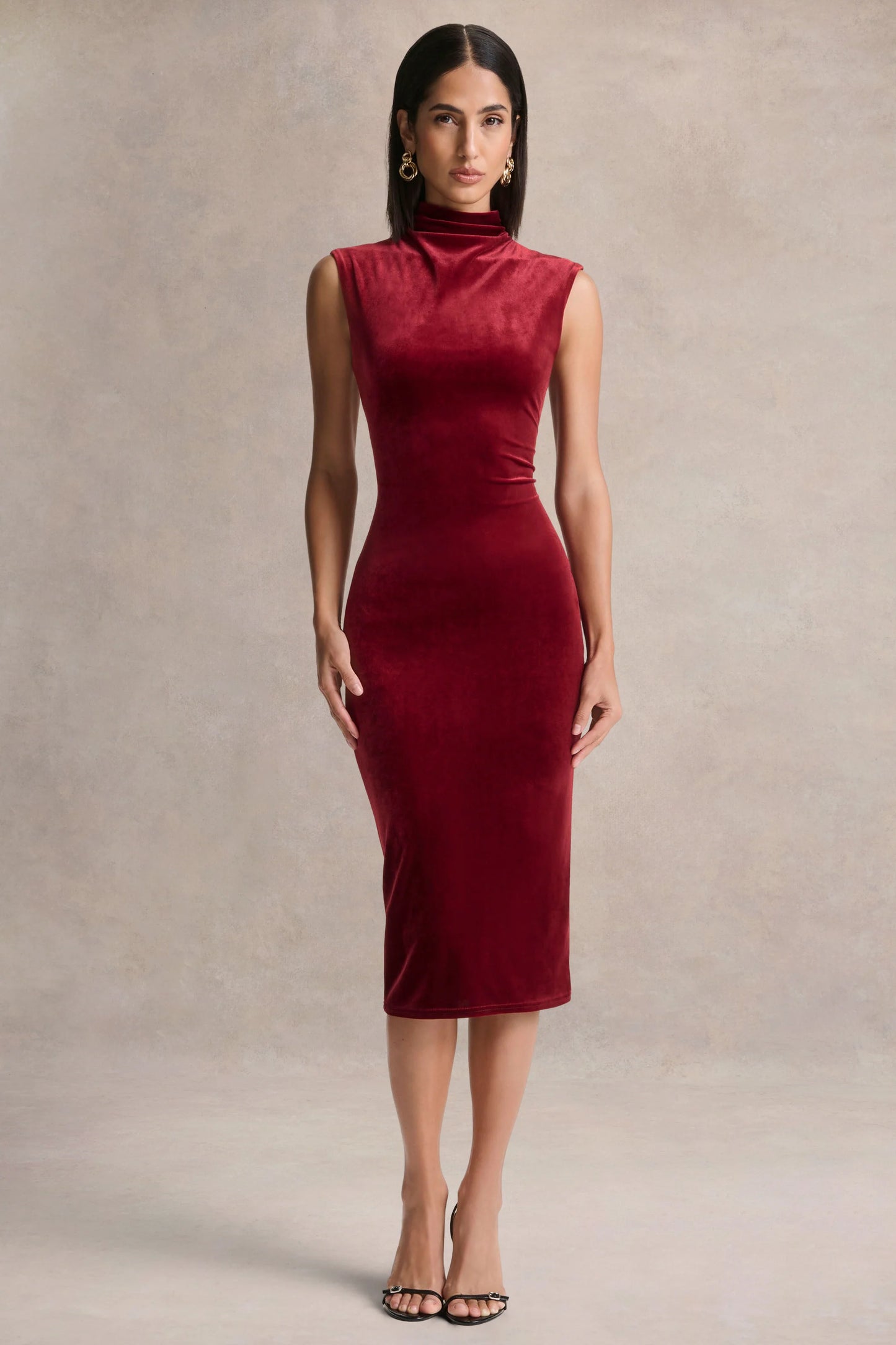 Nivina Red Velvet High-Neck Midi Dress With Cap-Sleeves