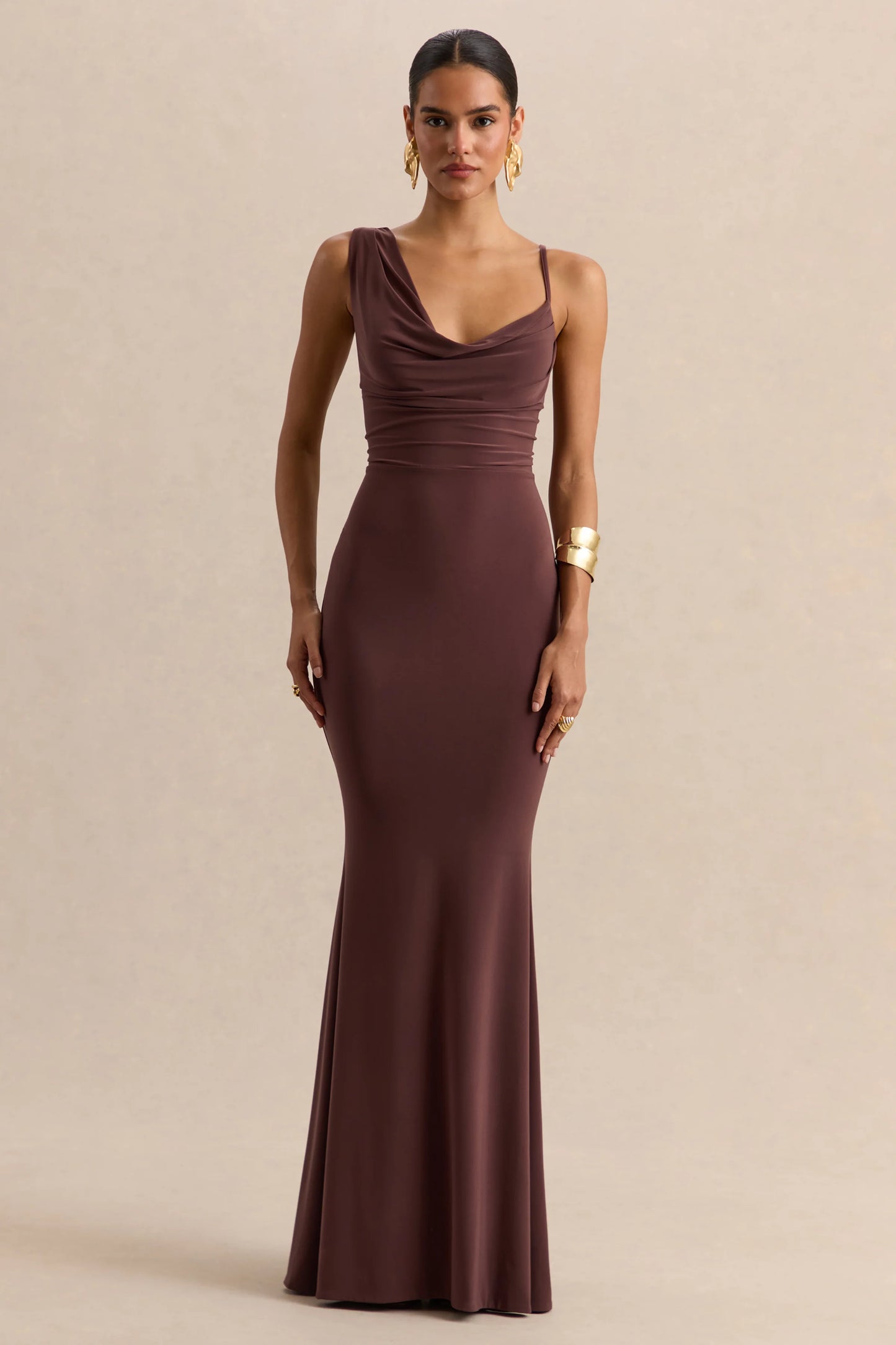 Armelia Brown Cowl-Neck Maxi Dress With Scarf-Detail