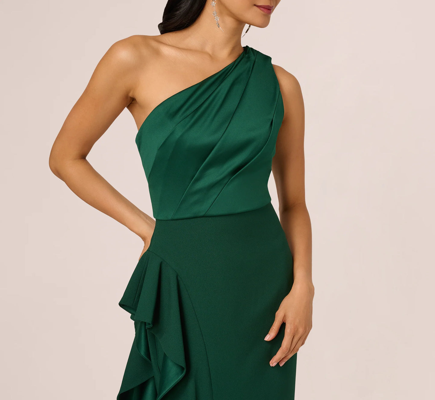 One-Shoulder Long Satin Crepe Mermaid Gown In Deep Forest