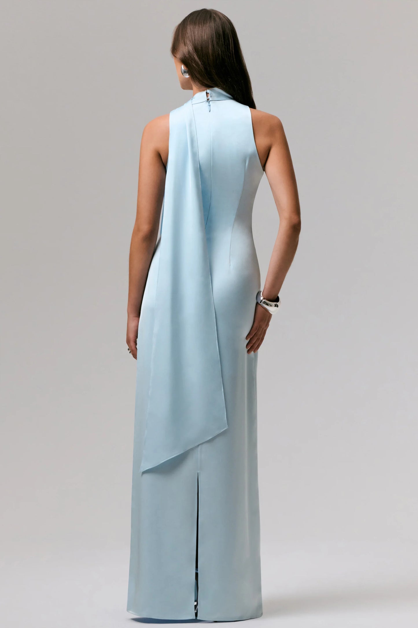 True Icon Powder Blue Satin V-Neck Maxi Slip Dress With Sash