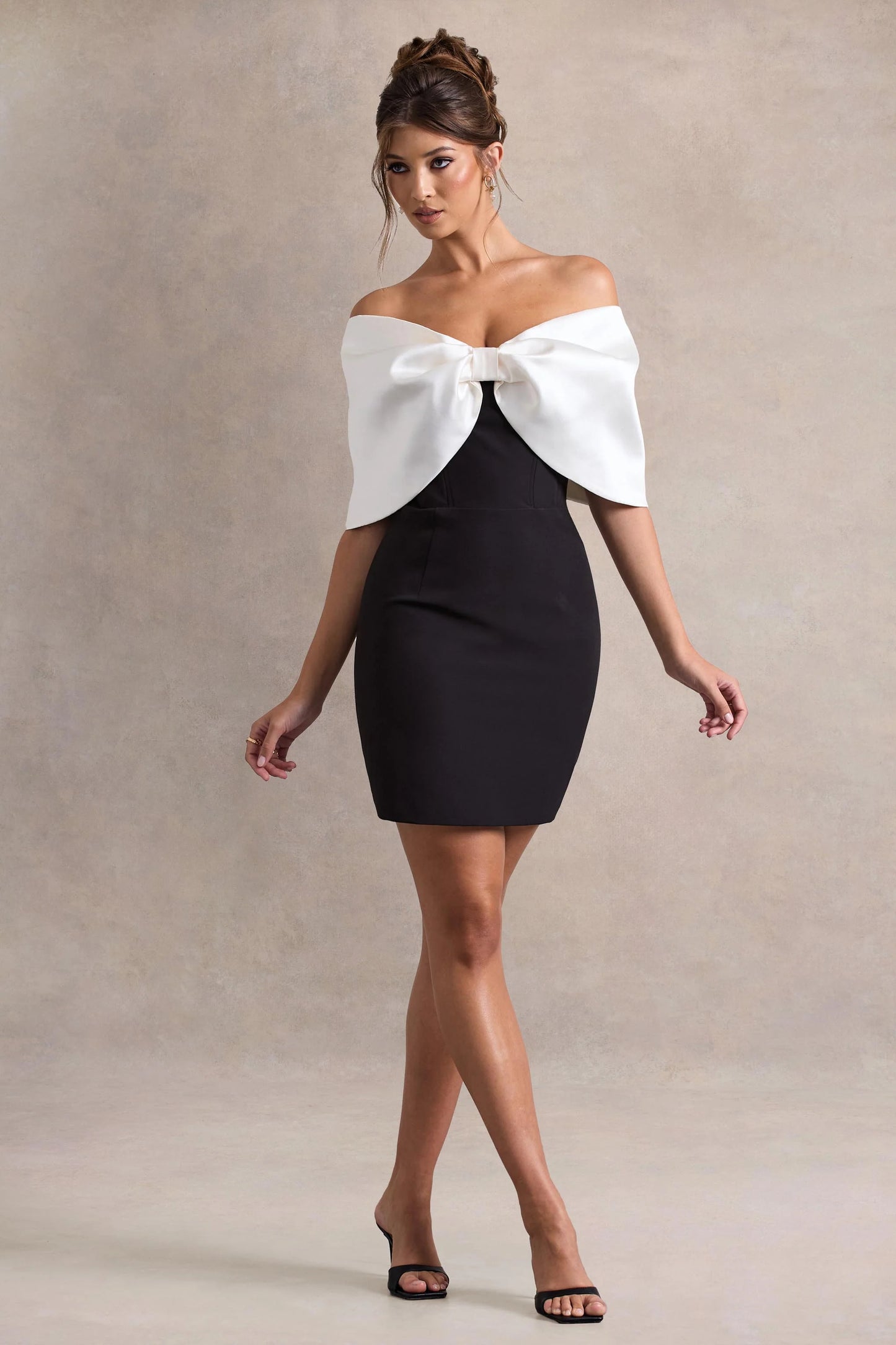 Dewdrop Black & White Mini Dress With Oversized Bow
