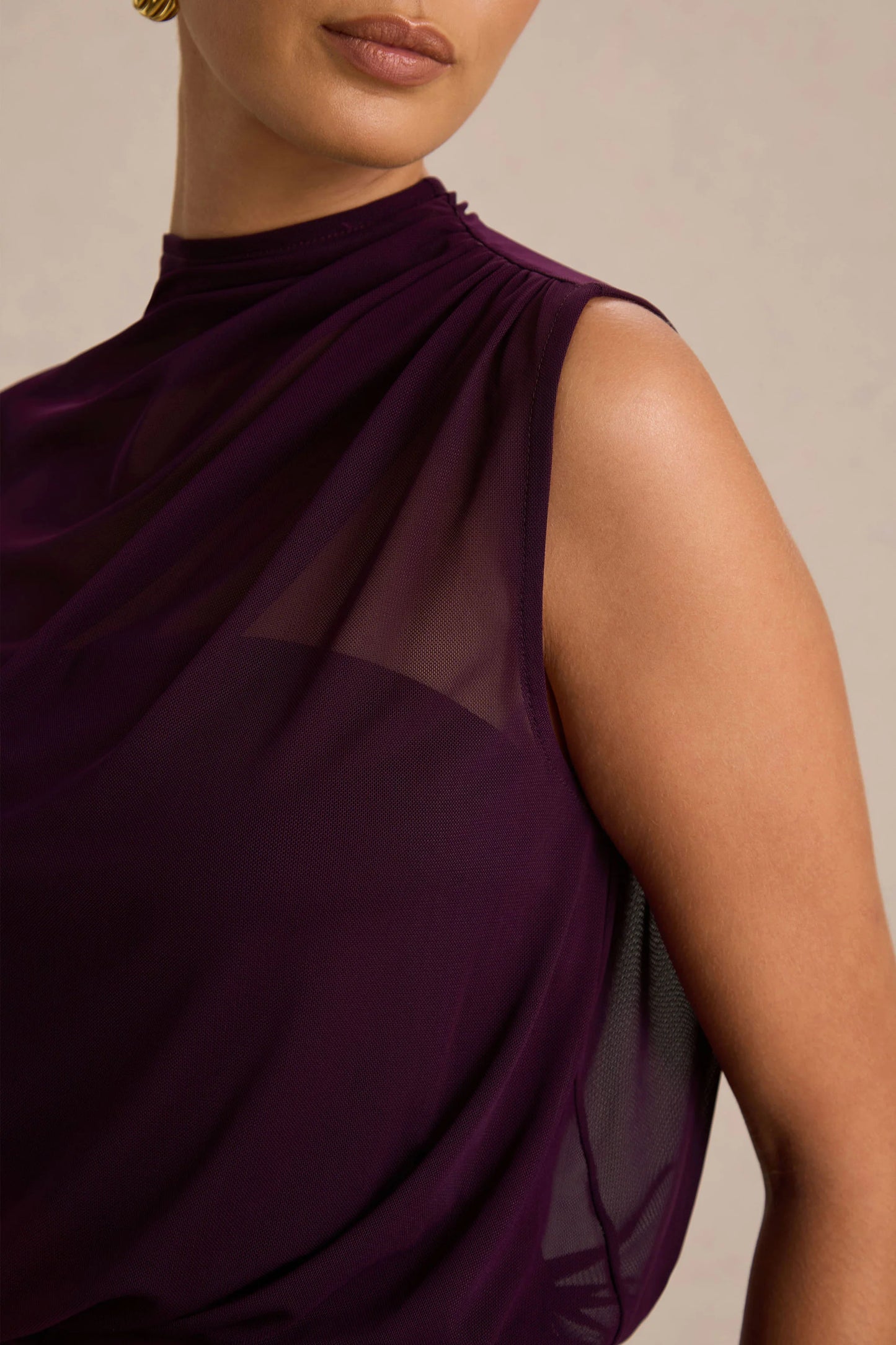 Aurelia Dark Plum High-Neck Wrapped Maxi Dress With One-Cape Sleeve