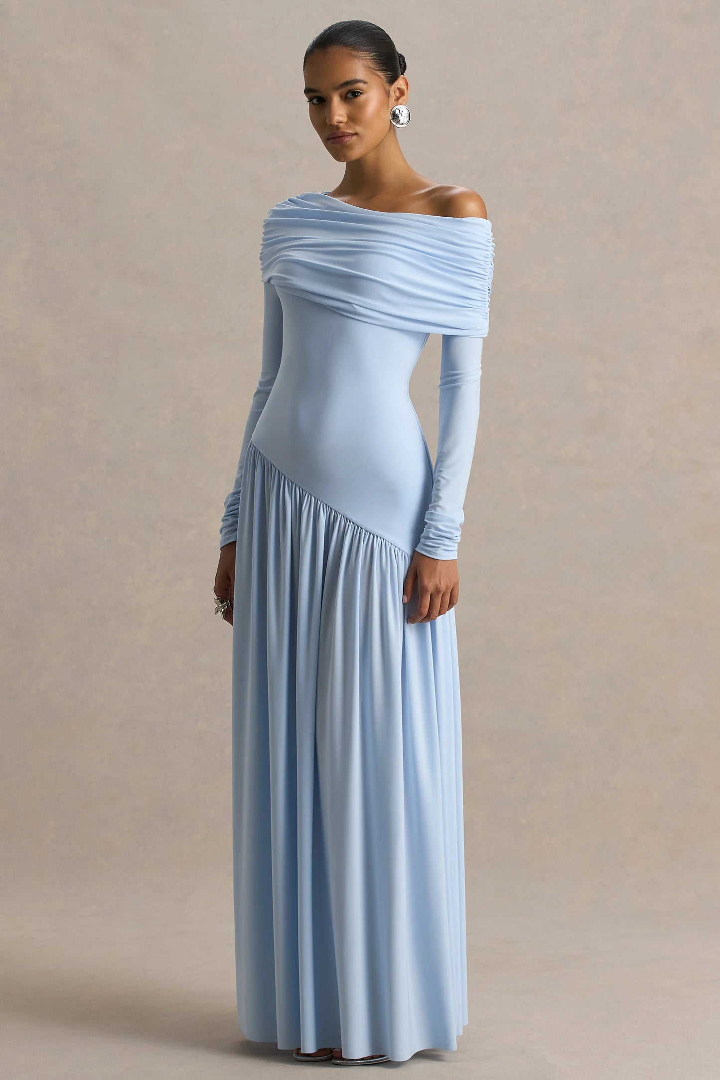 Farah Powder Blue Asymmetric-Neck Maxi Dress With Drop Waist And Ruched Detailing