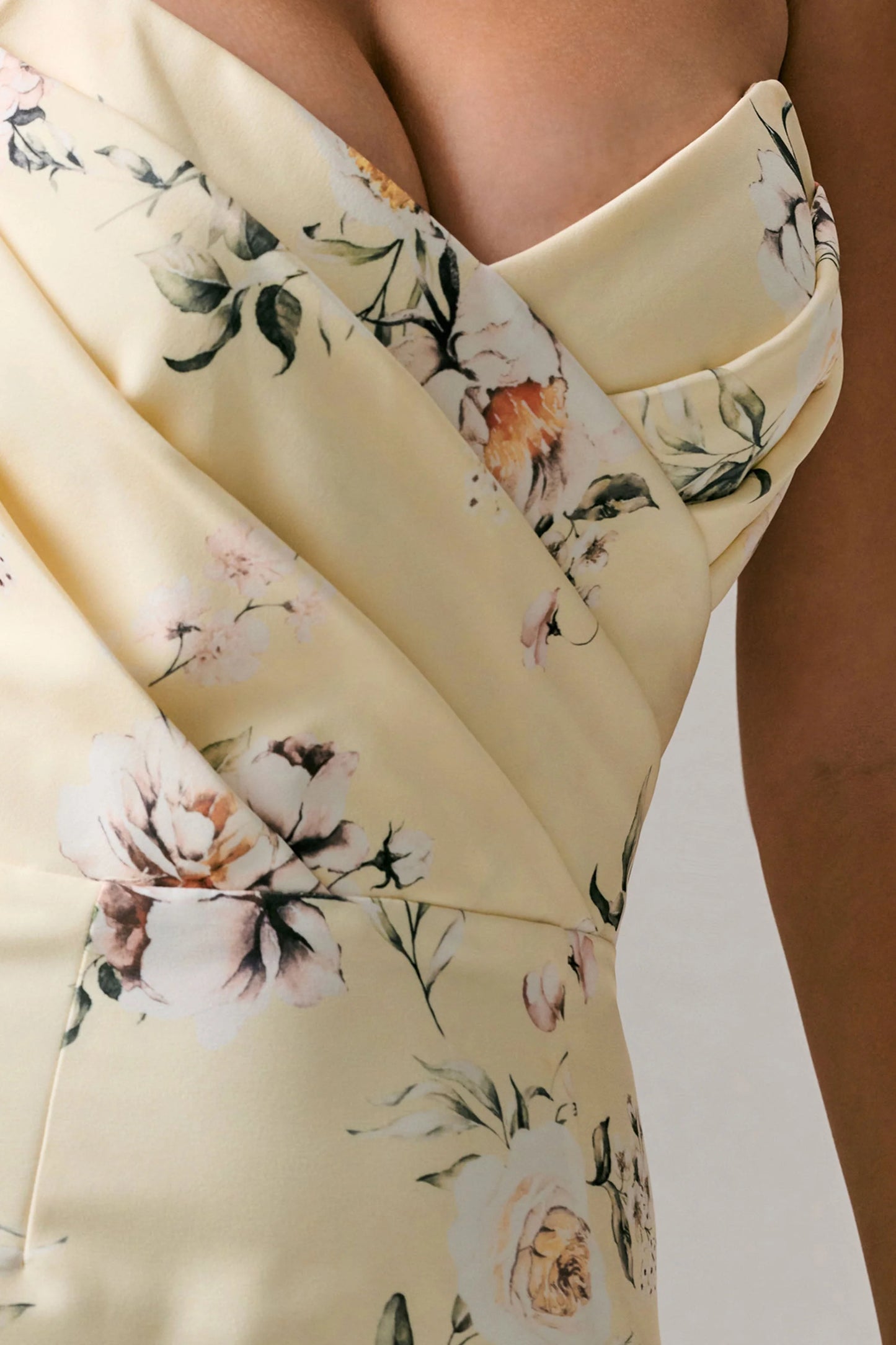 Fierce Lemon Print Asymmetric Ruched Maxi Dress