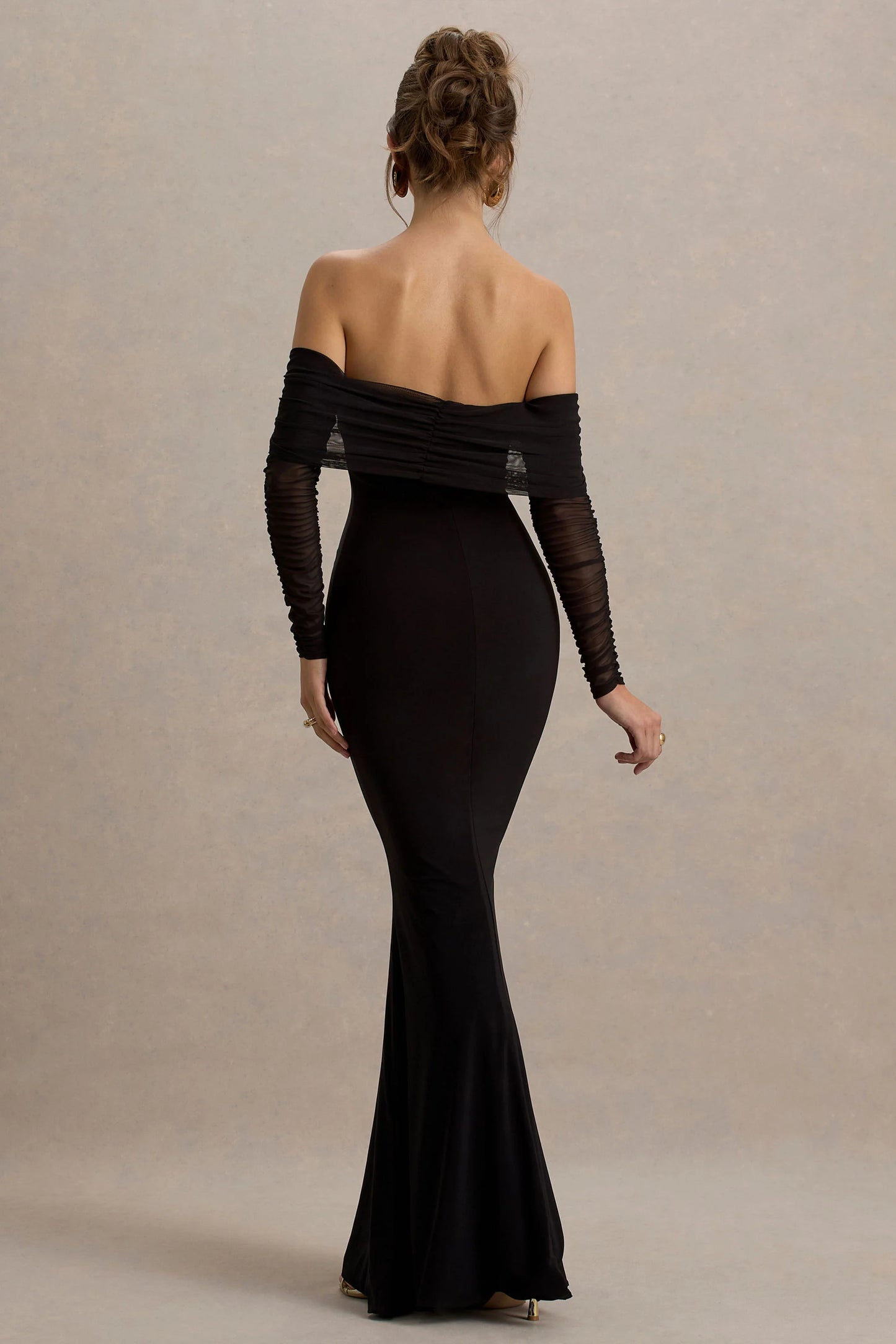 Madeleine Black Fishtail Maxi Dress With Bardot Mesh Long Sleeves