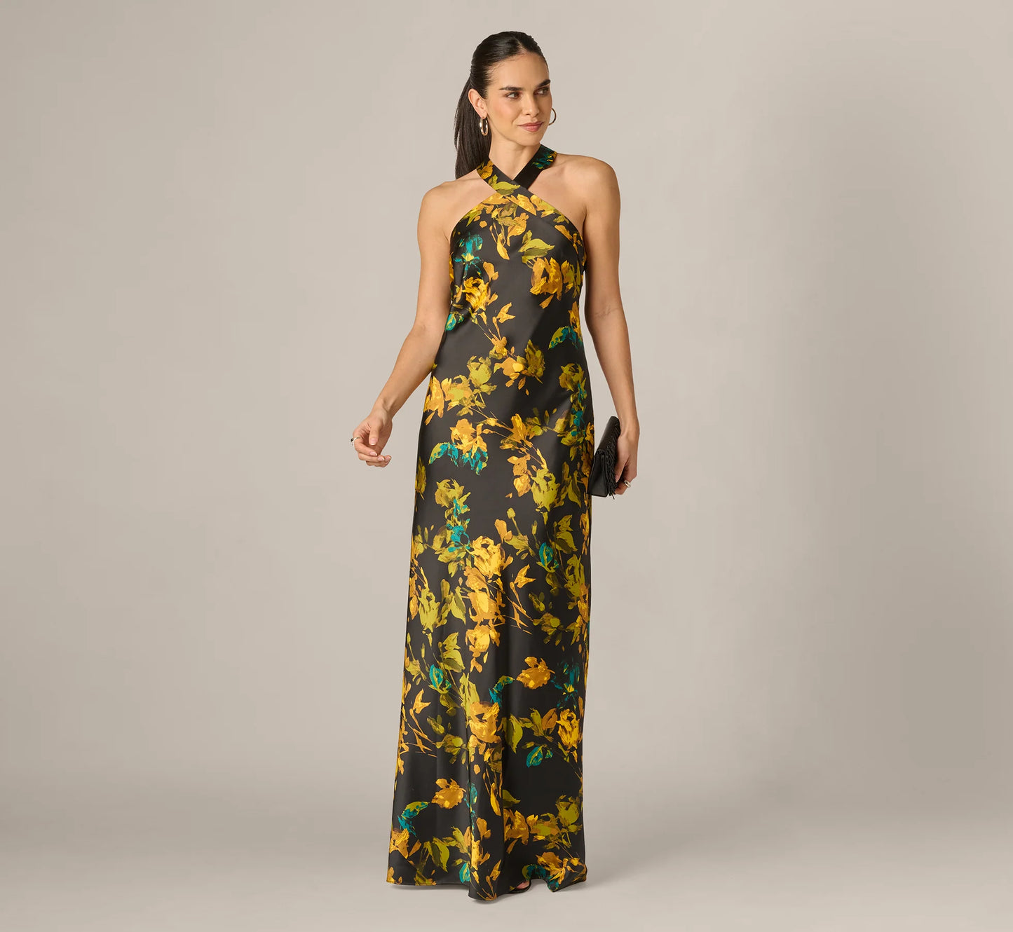 Floral Stretch Satin Scarf Halter Gown In Black Multi