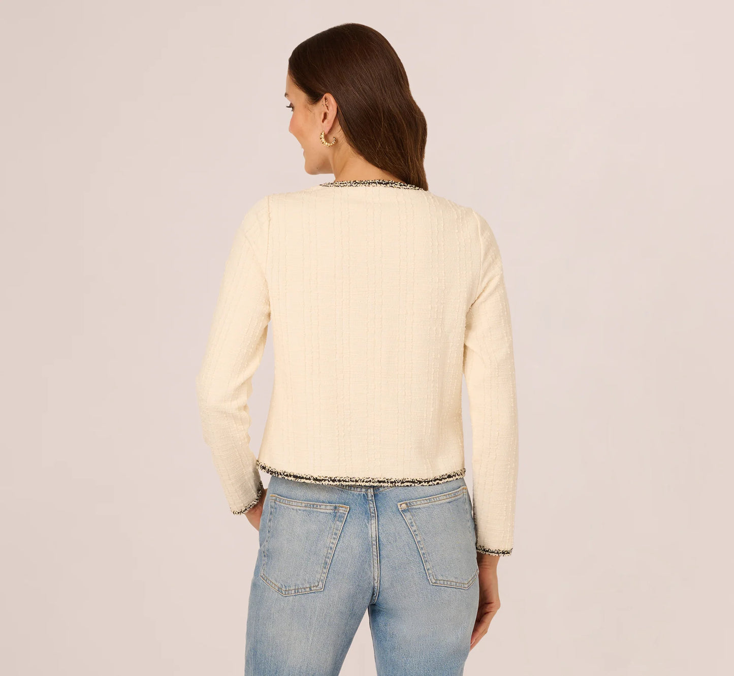Fringe Trim Boucle Tweed Cardigan Jacket In Ivory Black