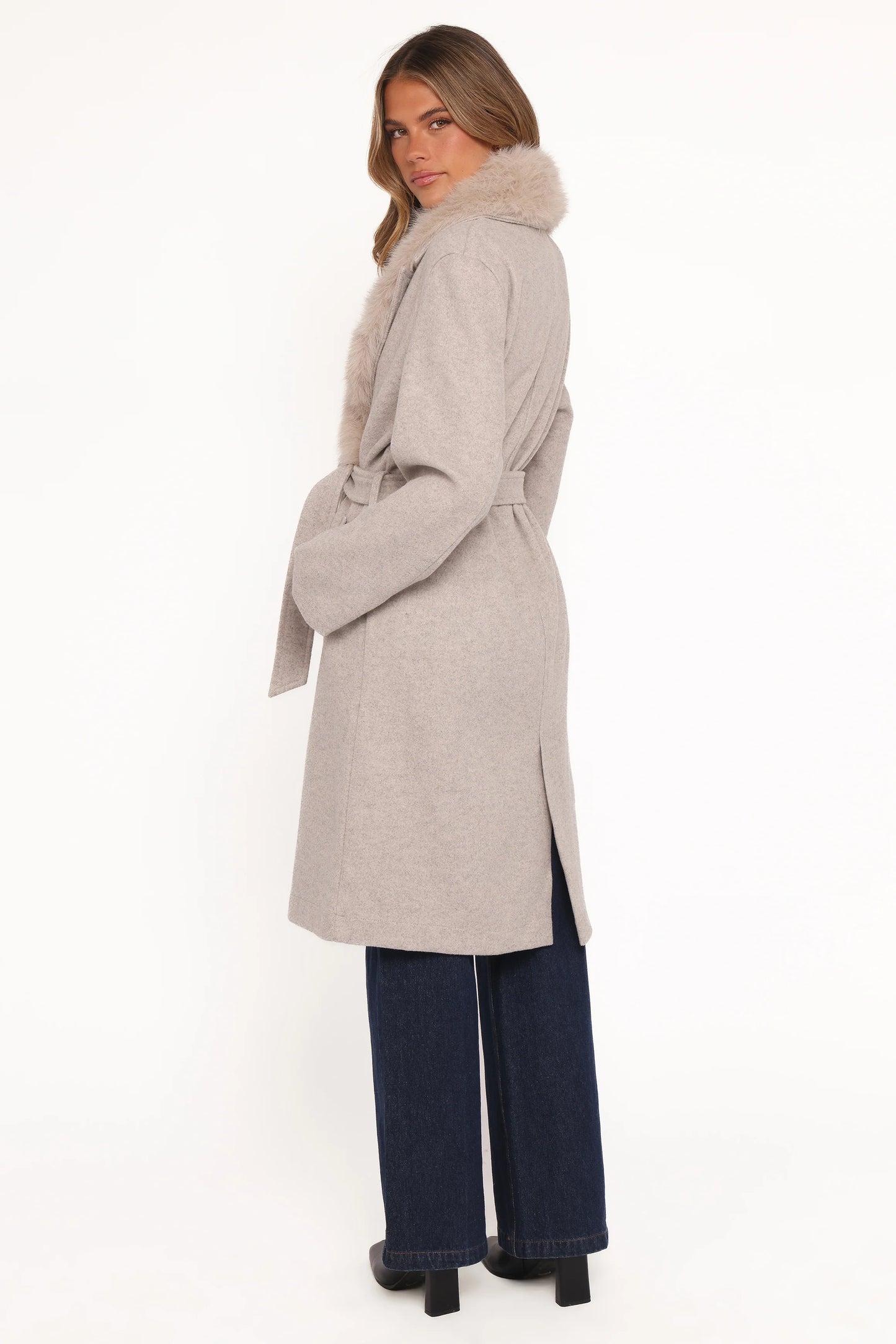 Nina Fur Collar Tie Waist Coat - Cream