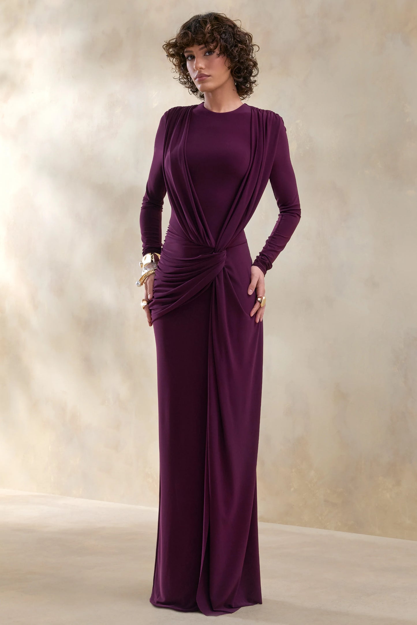 Desirelle Plum Crew-Neck Maxi Dress With Gathered-Detailing