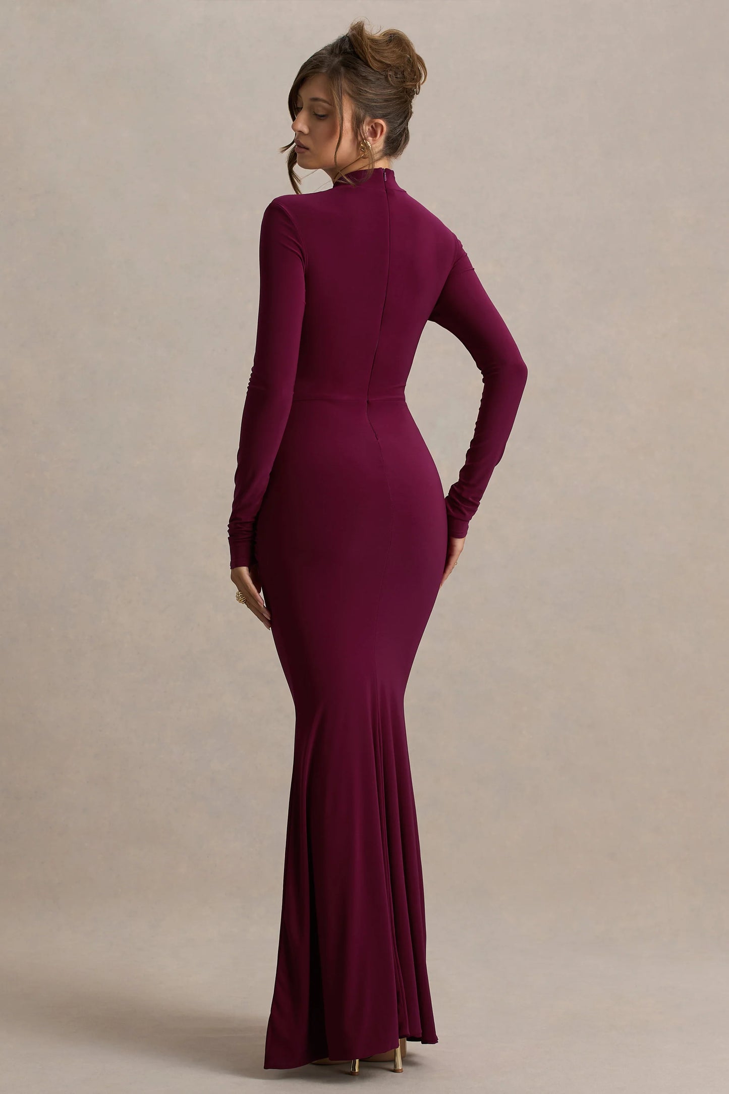 Pietra Berry High-Neck Long Sleeve Knot Maxi Dress