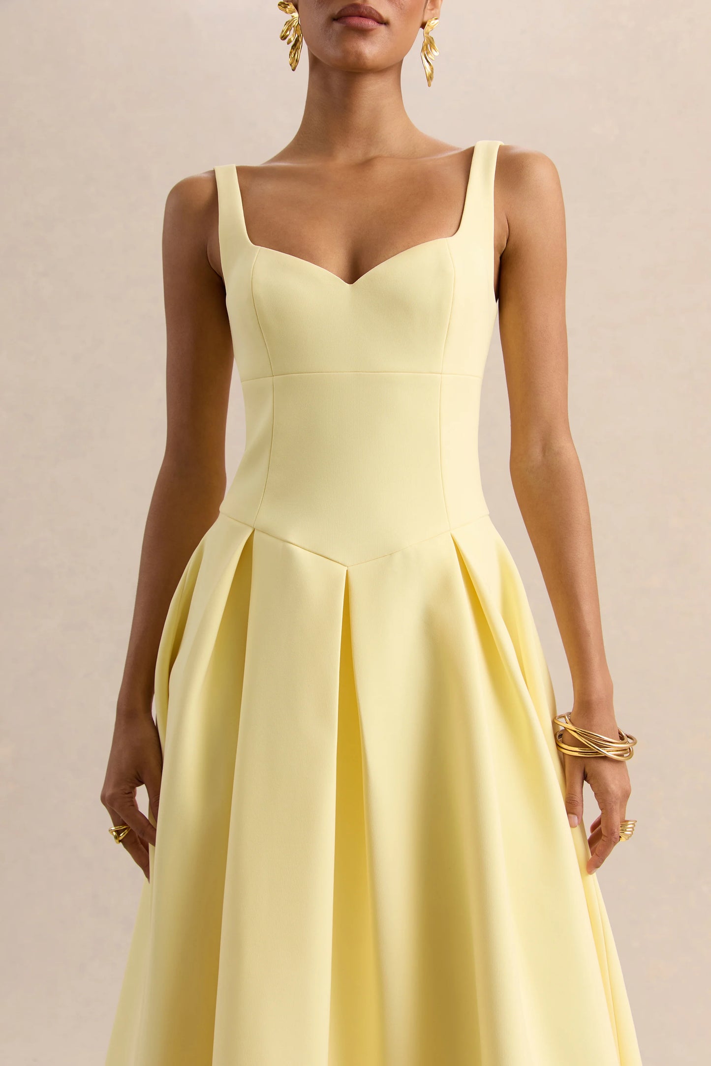 Greta Lemon Sweetheart-Neck Midi Dress