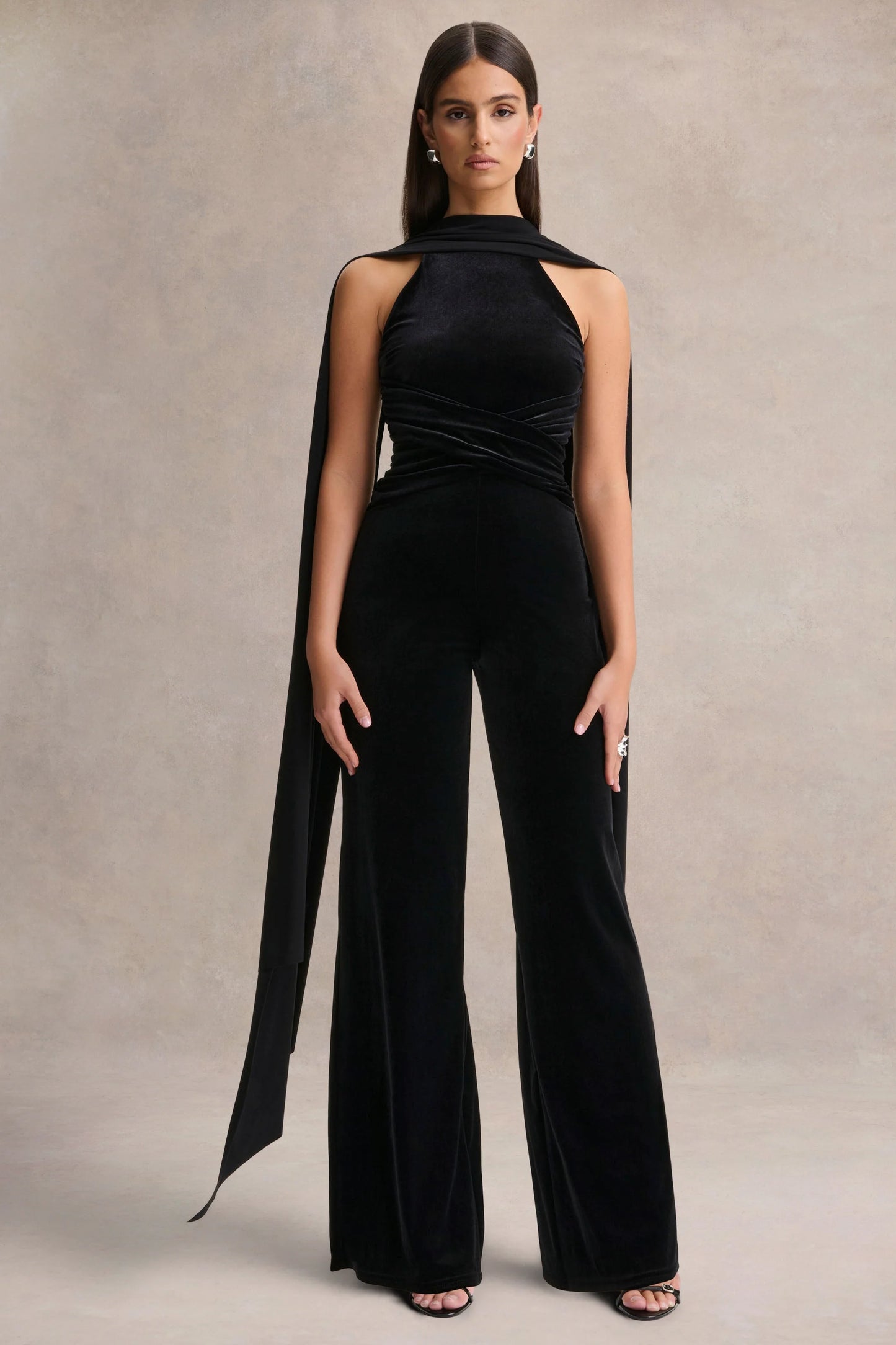 Madalina Black High-Neck Jumpsuit With Scarf-Detail