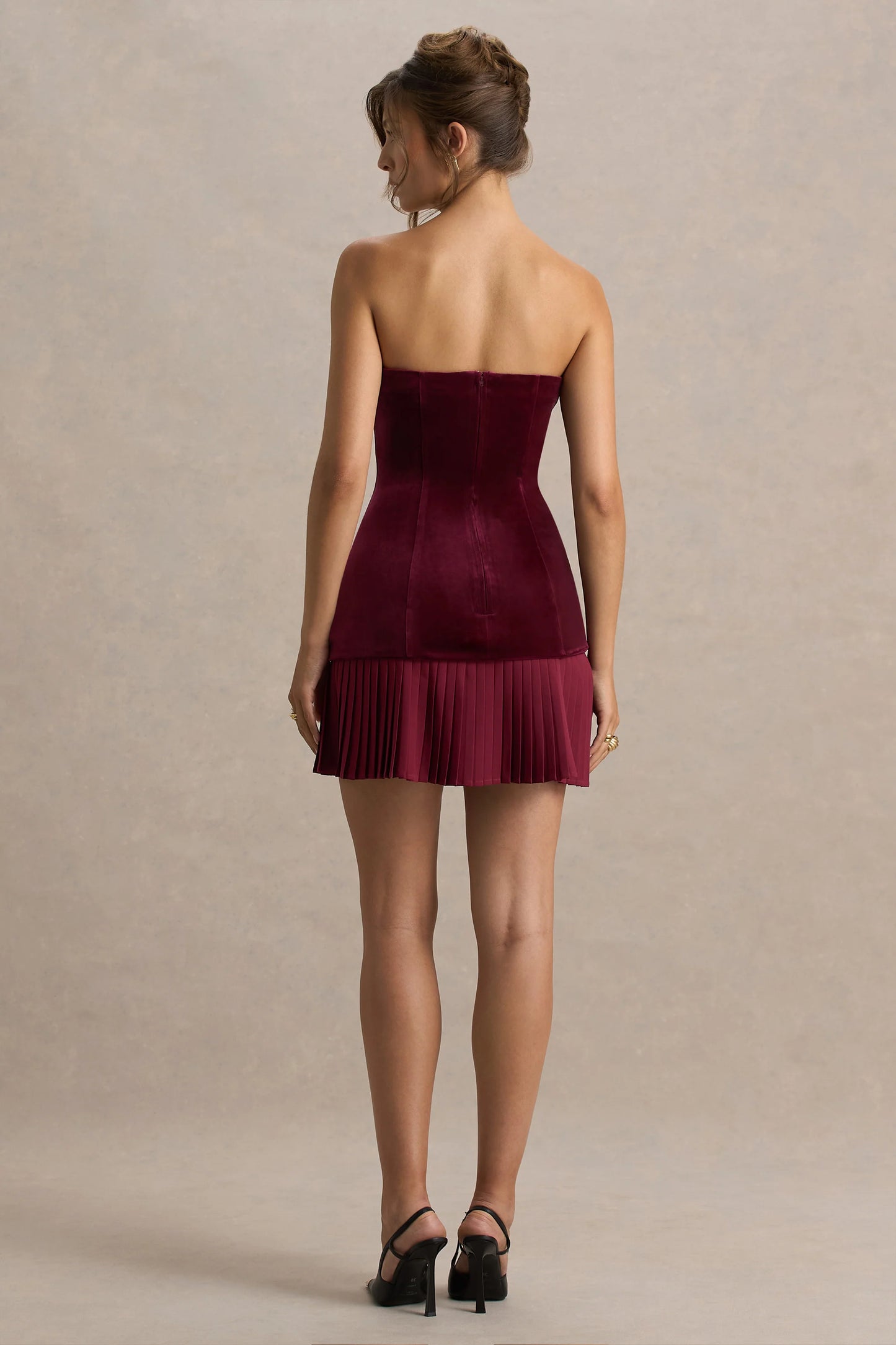Valentina Burgundy Velvet Bandeau Mini Dress With Pleated Detailing